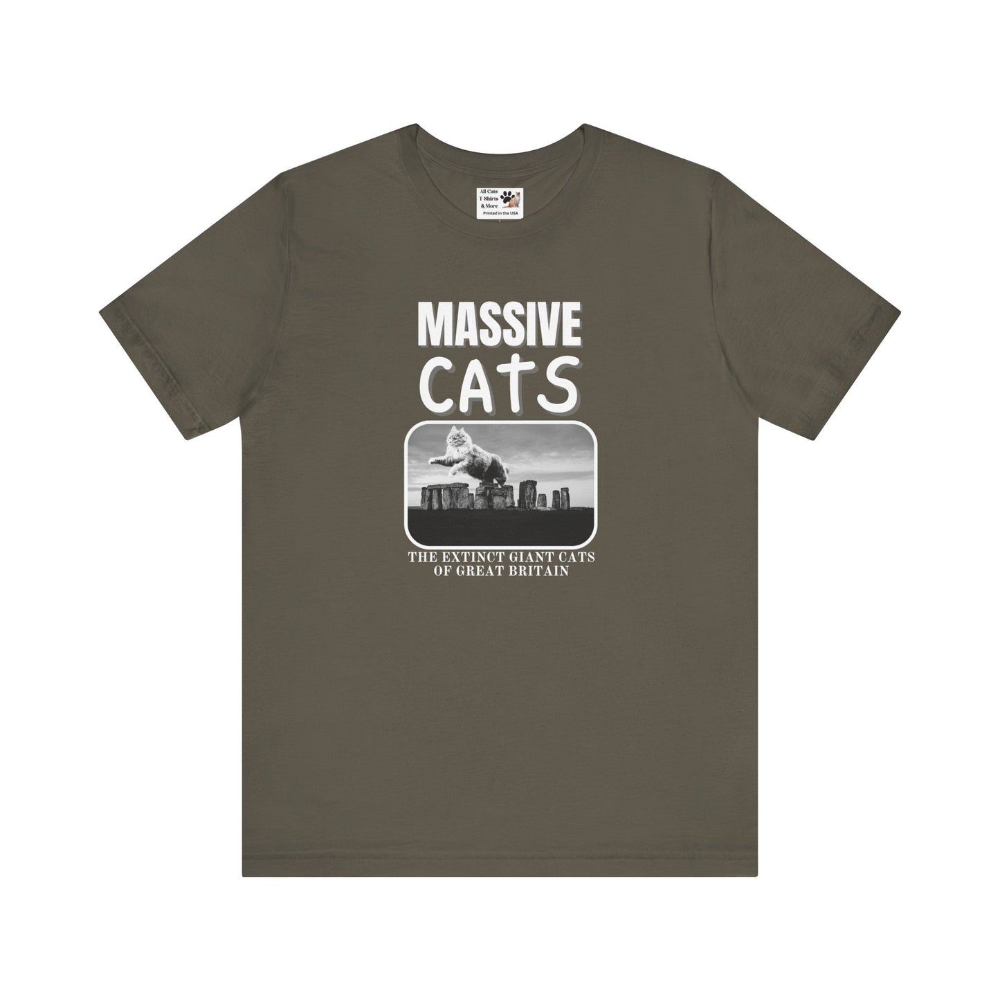 A Massive Cats T-Shirt - Huge Cat Jumping Over Stone Henge - (Funny Cat Unisex Jersey Tee - Perfect for Cat Fans!)