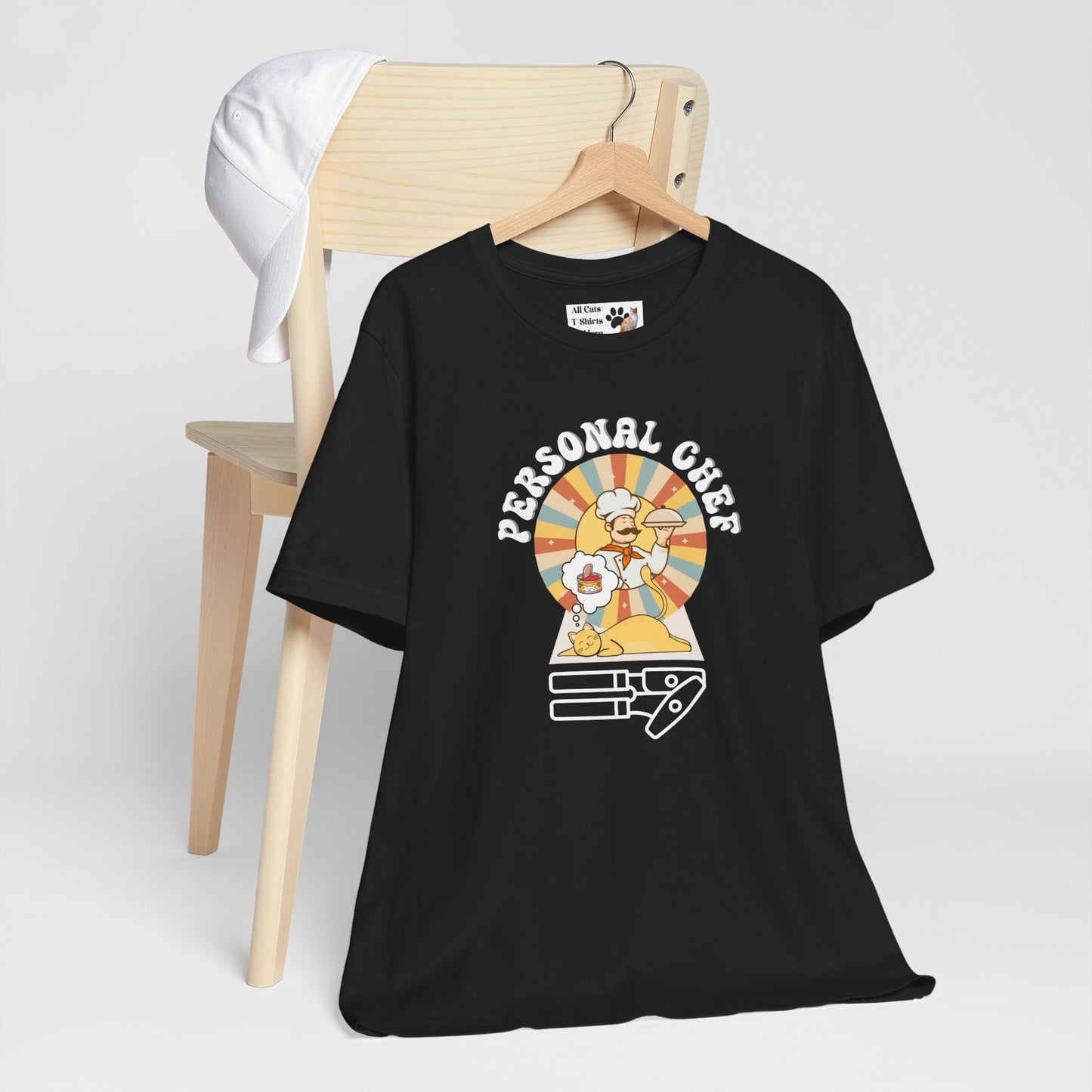 Vintage Style Personal Chef for Cats T-Shirt (#13 - Cat, Chef & Can Opener - Unisex Jersey Tee – Funny Cat Tee)