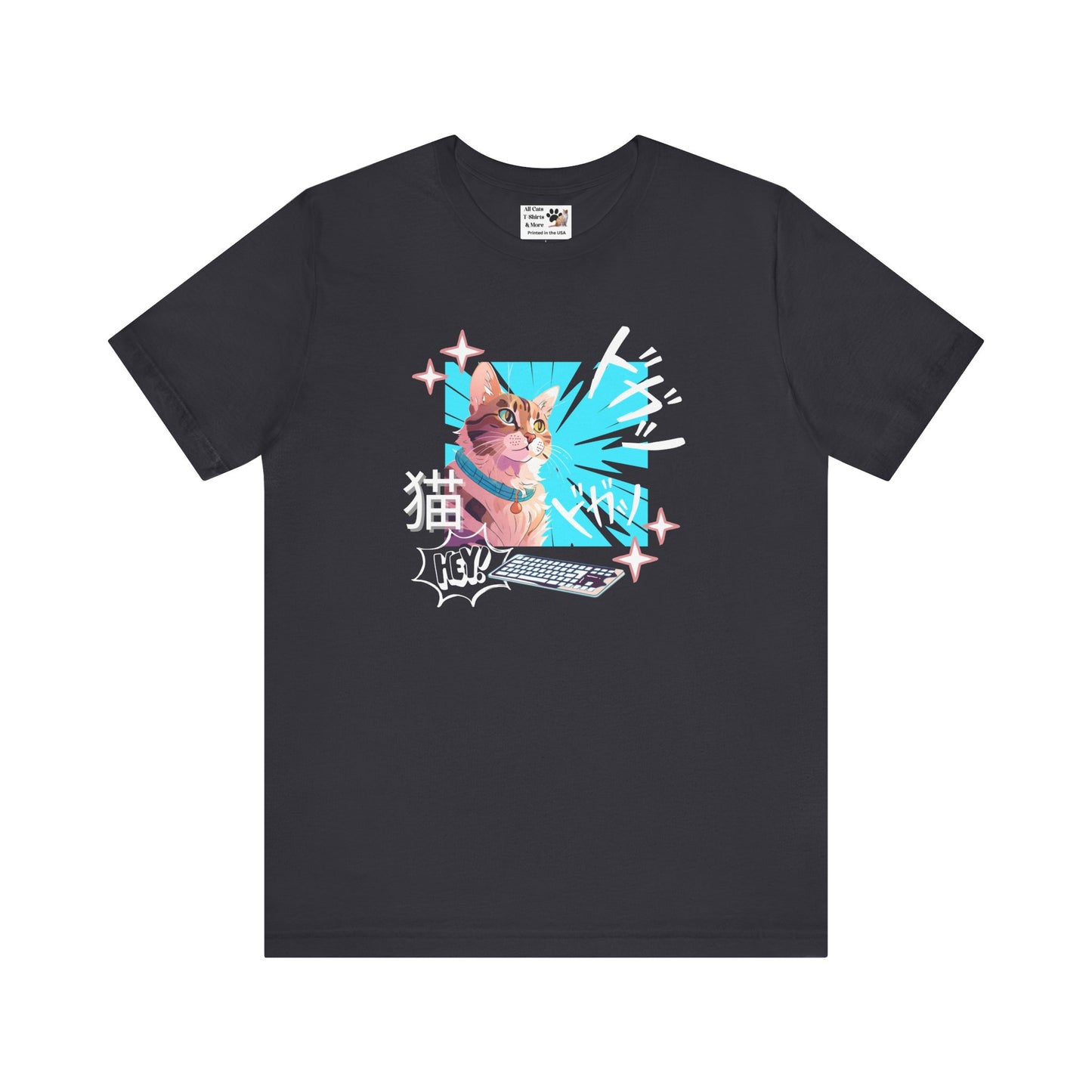 Cat & Keyboard "Kaboom" - Japanese Anime Style Graphic Tee - (Unisex Jersey Short Sleeve Tee for Cat Lovers)