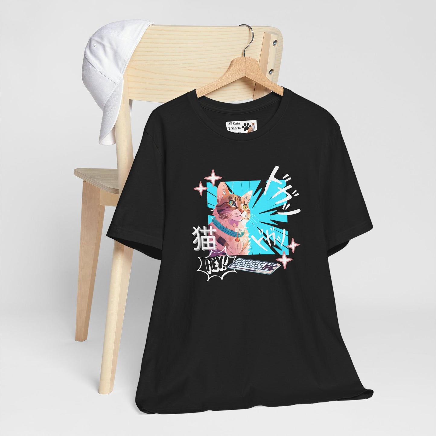 Cat & Keyboard "Kaboom" - Japanese Anime Style Graphic Tee - (Unisex Jersey Short Sleeve Tee for Cat Lovers)