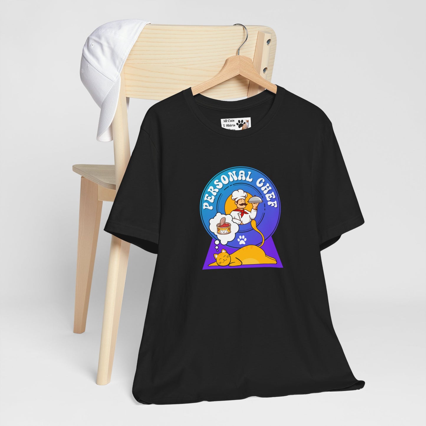 Personal Chef for Cats T-Shirt (#1 - Orange Cat Blue Purple Design - Unisex Jersey Tee ā Perfect Cat Care Givers!)