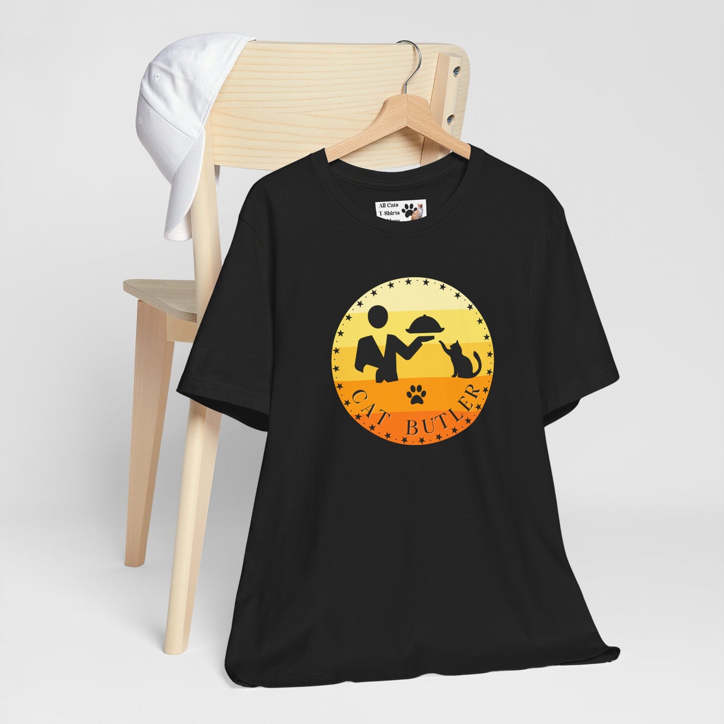 "Cat Butler" T-Shirt - With Vintage Sunset Graphic - (Unisex Jersey Short Sleeve Tee - Perfect Gift for Cat Lovers!)