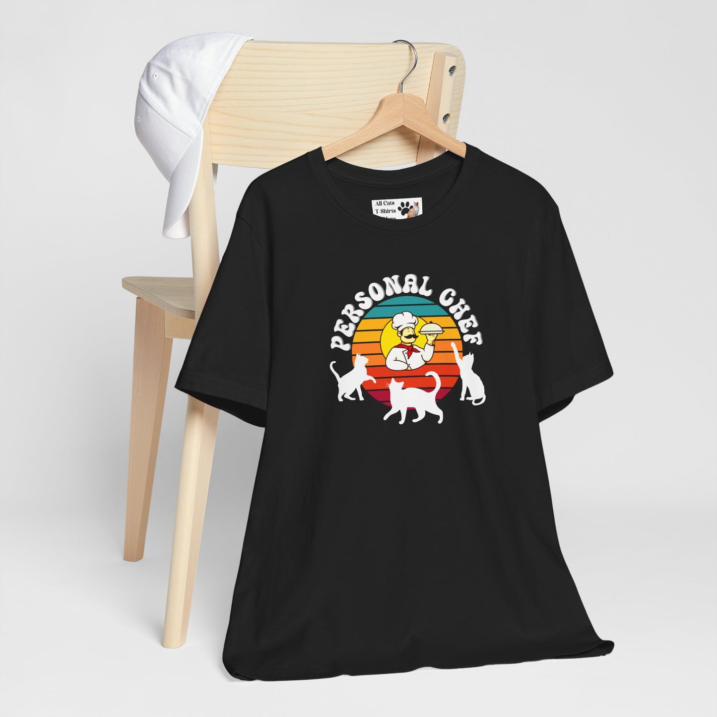 Vintage Style Personal Chef for Cats T-Shirt (#15 - Cat, Chef & Can Opener - Unisex Jersey Tee ā Funny Cat Tee)