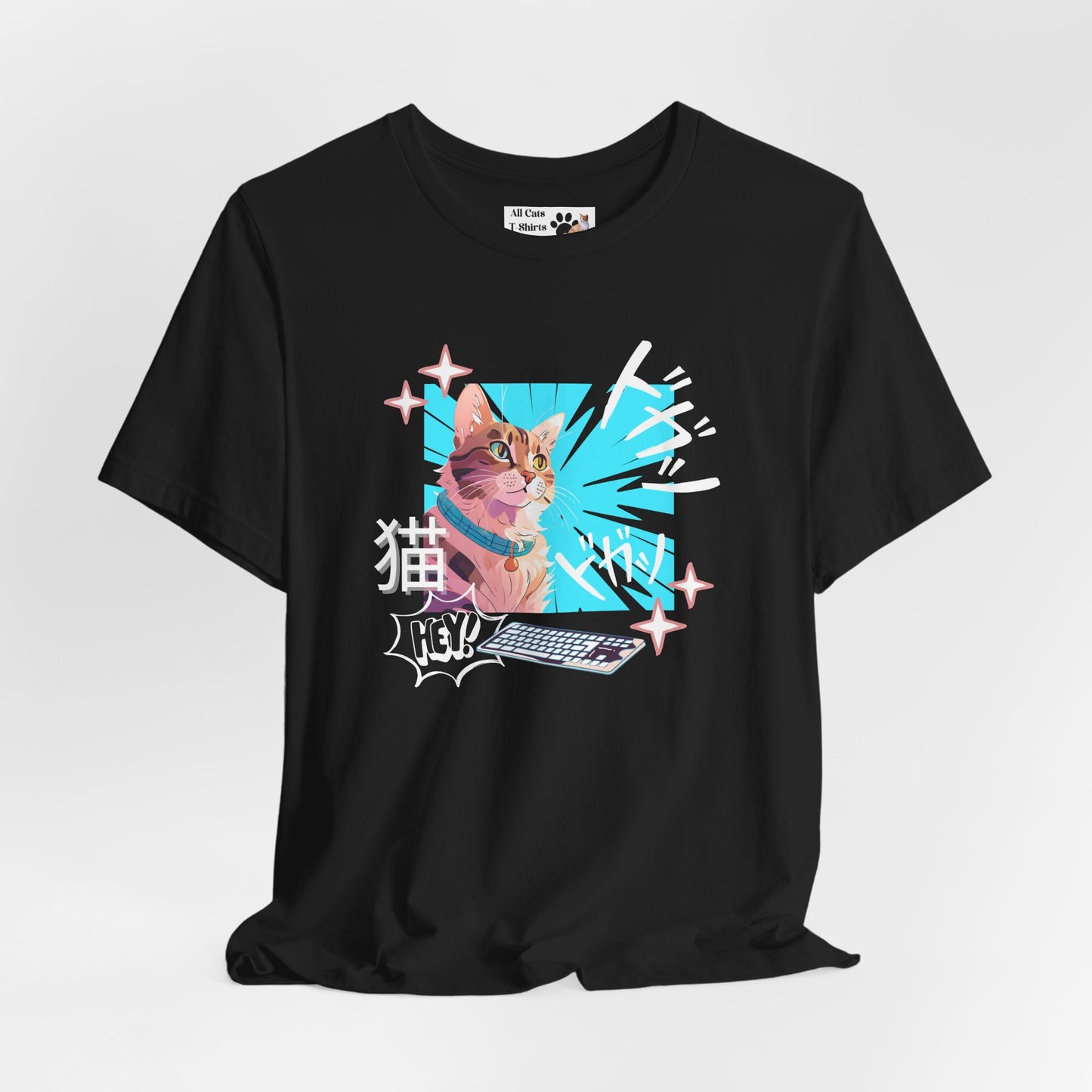 Cat & Keyboard "Kaboom" - Japanese Anime Style Graphic Tee - (Unisex Jersey Short Sleeve Tee for Cat Lovers)