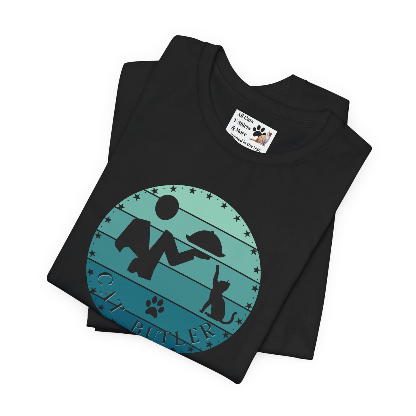 "Cat Butler" T-Shirt - Blue Vintage Sunset Style Graphic - (Unisex Jersey Short Sleeve Tee - Perfect Gift for Cat Lovers!)