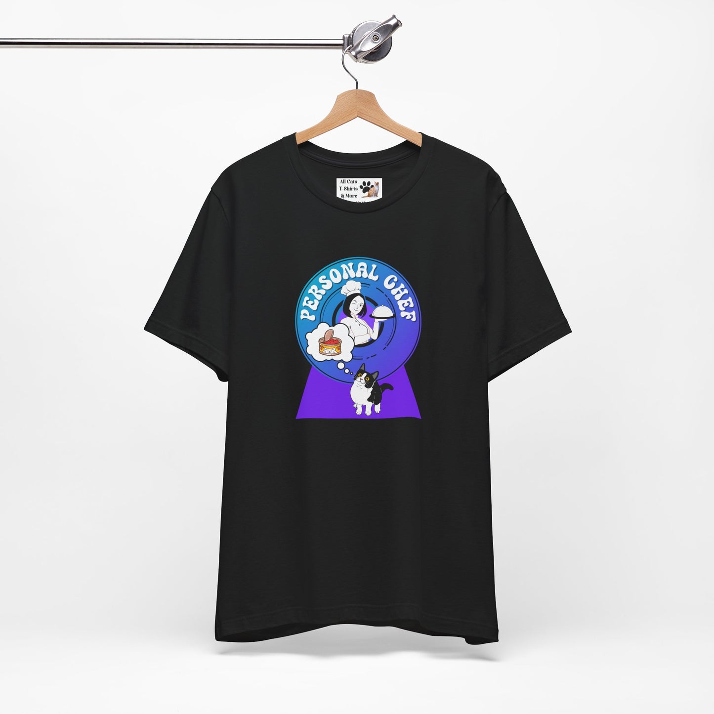 Personal Chef for Cats T-Shirt - (#8 - B/W Cat & Chef Blue Purple Design - Unisex Jersey Tee – Perfect for Cat Care Givers!)