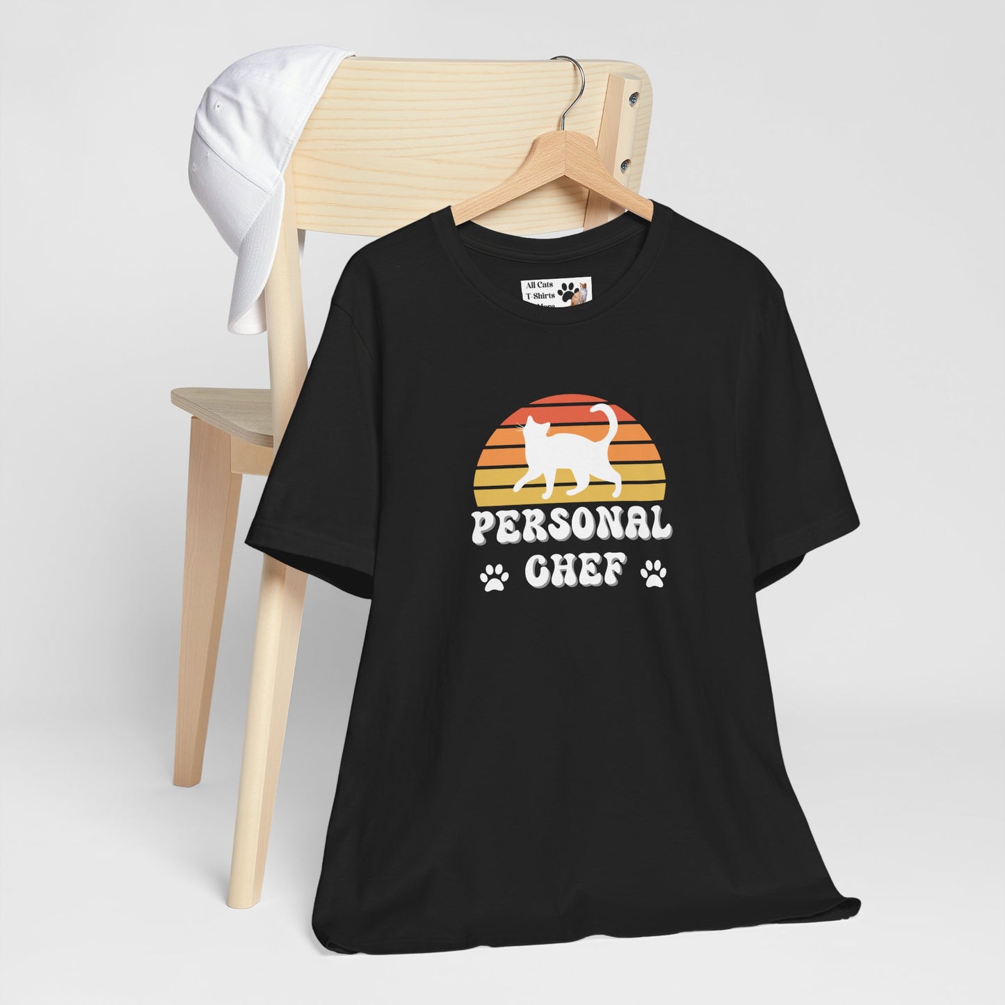 Vintage Sunset Personal Chef for Cats T-Shirt (#18 - White Cat Silhouette & Paw Prints - Unisex Jersey Tee – Funny Cat Tee)