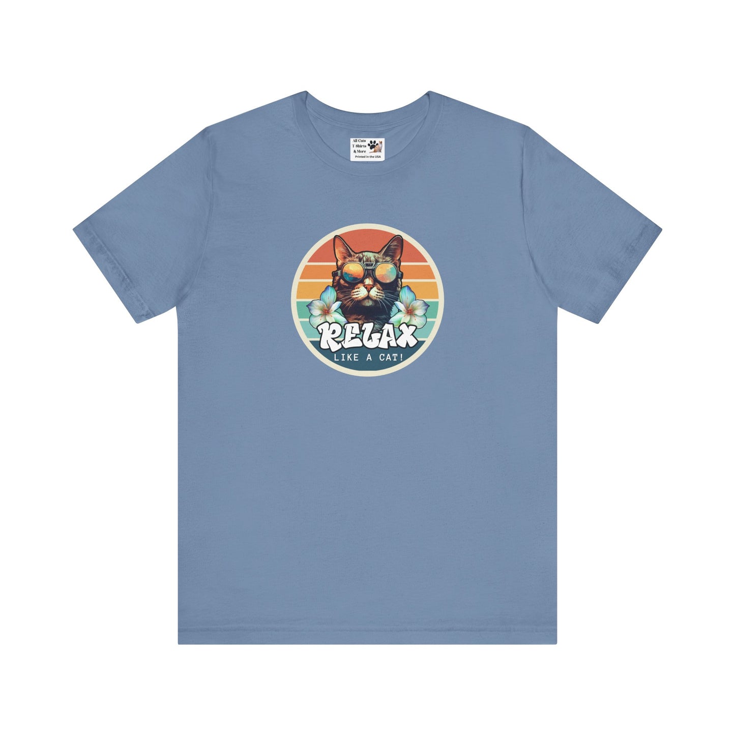 Relax Like a Cat T-Shirt - (Vintage Sunset Style Graphic, Chill Cat Graphic Tee, Unisex Casual Wear, Gift for Cat Lovers)