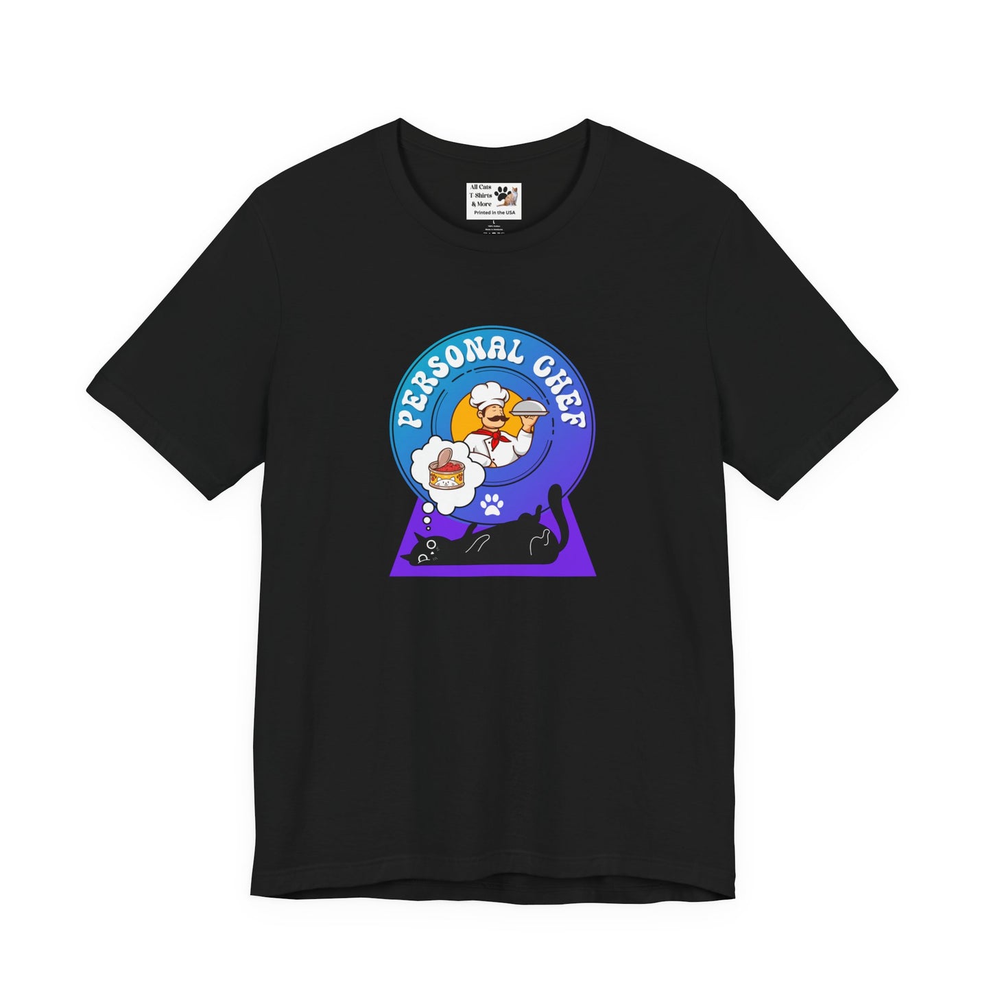 Personal Chef for Cats T-Shirt (#2 - Black Cat & Italian Chef, Blue Purple Design - Unisex Jersey Tee ā Perfect Cat Care Givers!)