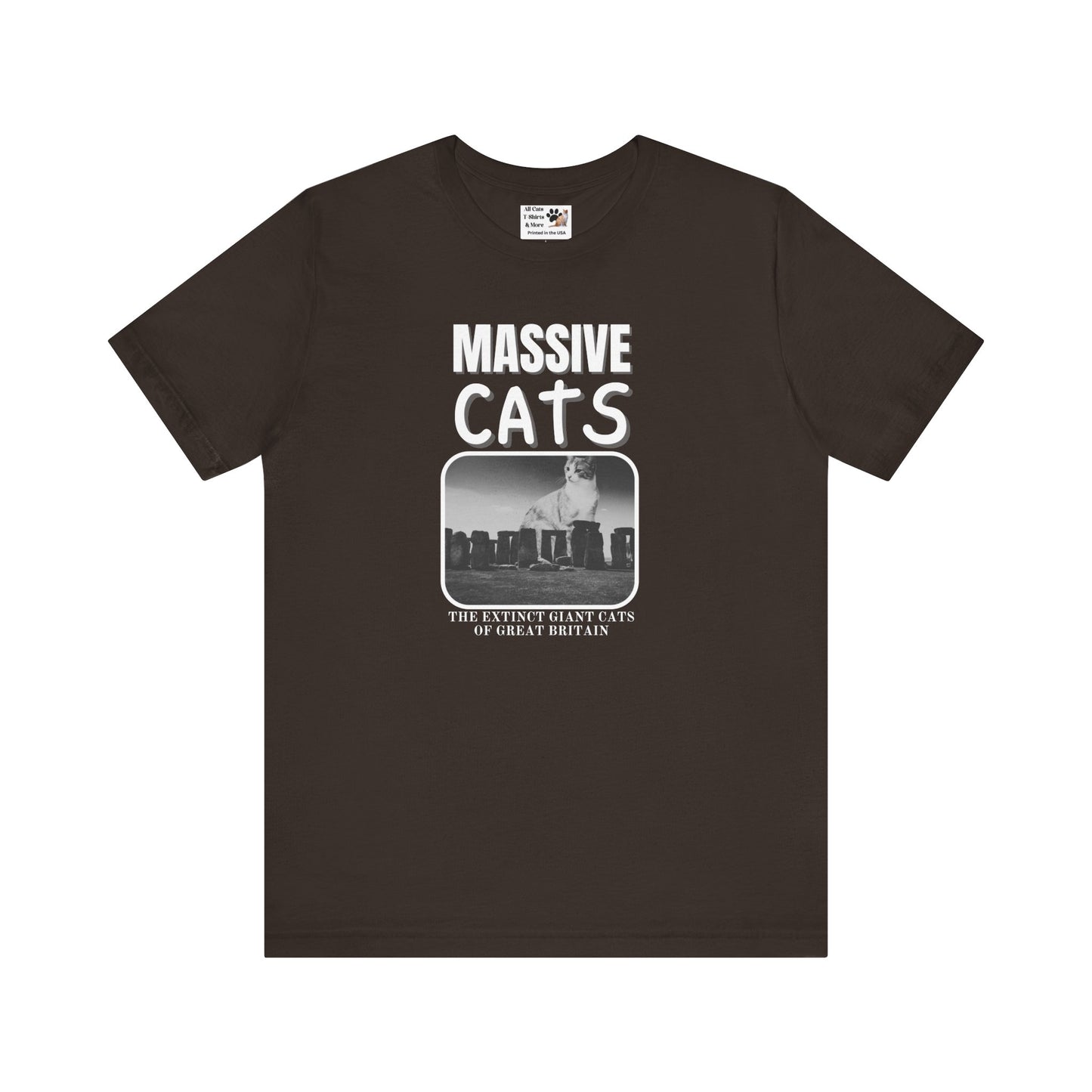 A Massive Cats T-Shirt - Huge Cat Sitting Behind Stone Henge - (Vintage Inspired, Funny Cat Unisex Jersey Tee - Perfect for Cat Fans!)