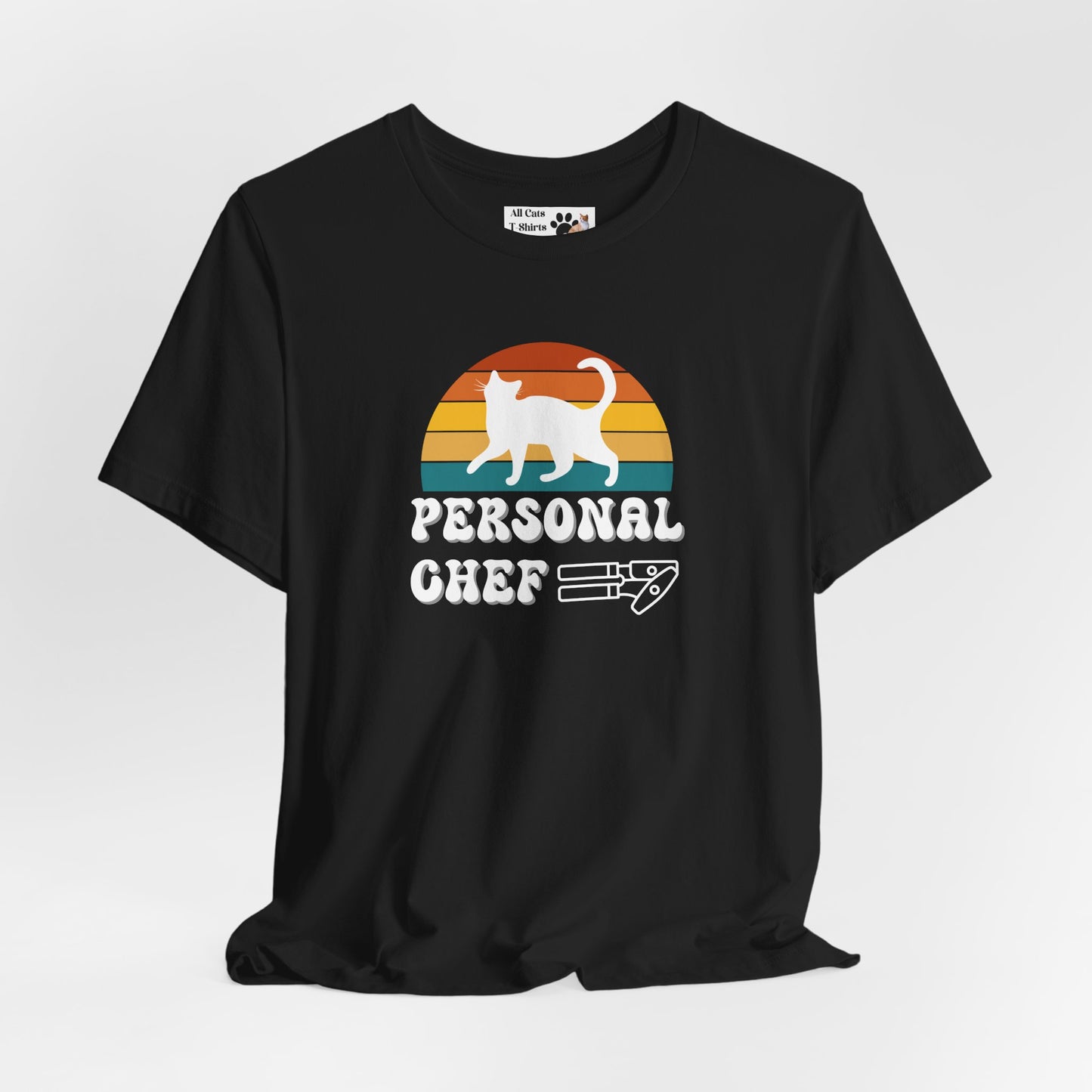 Vintage Sunset Personal Chef for Cats T-Shirt (#17 - White Cat Silhouette & Can Opener - Unisex Jersey Tee – Funny Cat Tee)