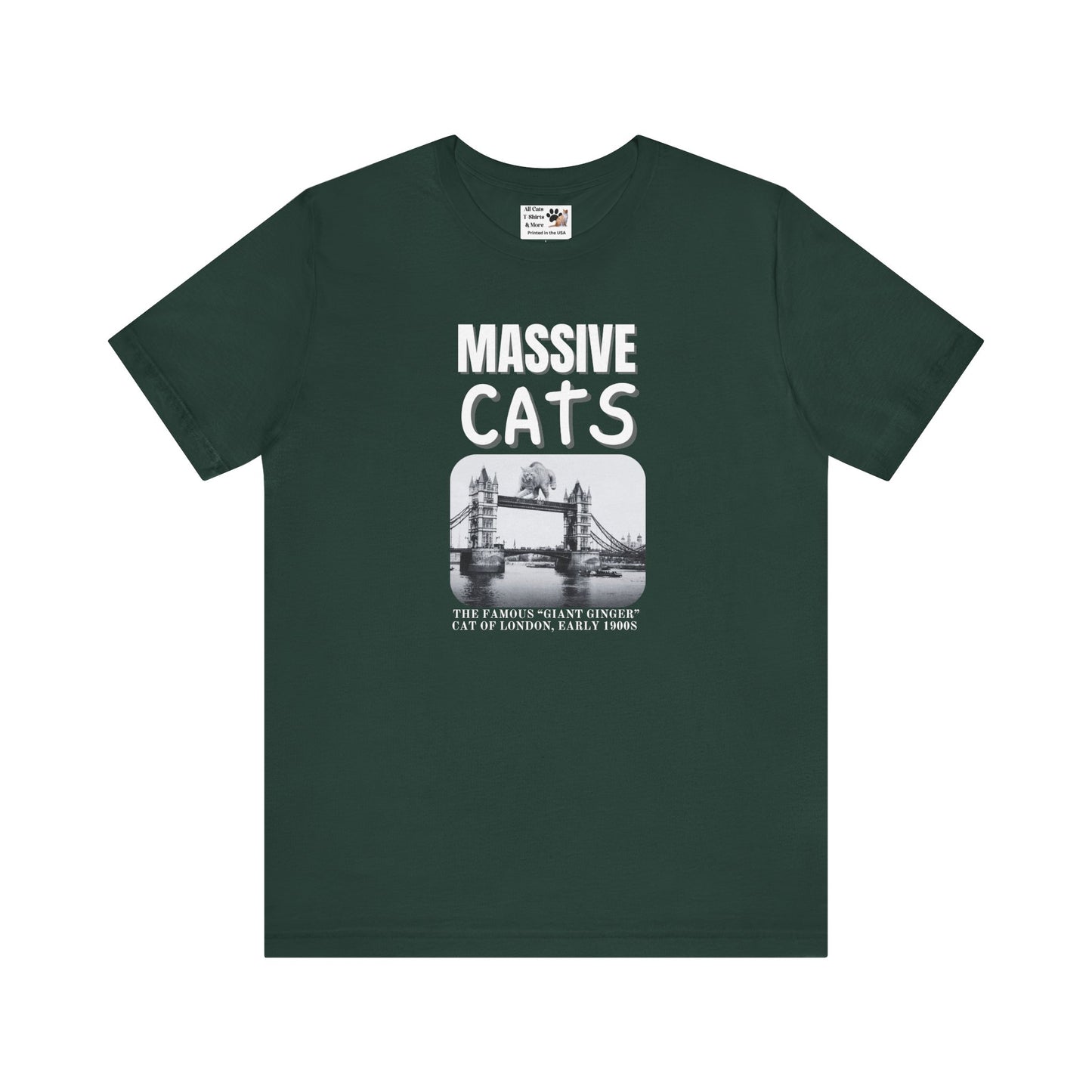 A Massive Cats T-Shirt - Huge Cat on Tower Bridge, London - (Vintage London Design, Funny Cat Unisex Jersey Tee - Perfect for Cat Fans!)