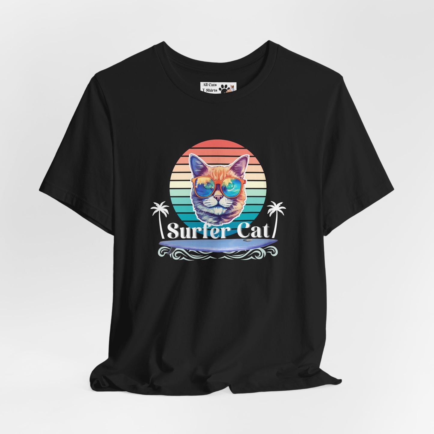 Surfer Cat Tee - Fun Unisex Jersey T-Shirt, Ocean Vibe Apparel, Cat Lover Gift, Summer Fashion, Beach Party Wear