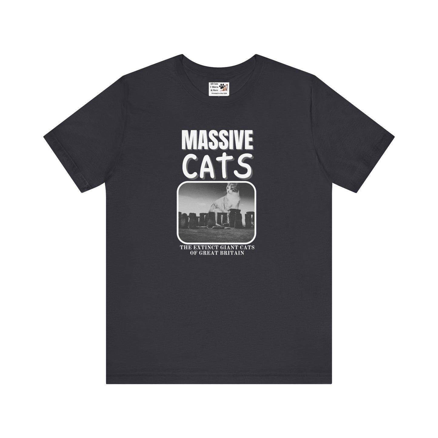 A Massive Cats T-Shirt - Huge Cat Sitting Behind Stone Henge - (Vintage Inspired, Funny Cat Unisex Jersey Tee - Perfect for Cat Fans!)