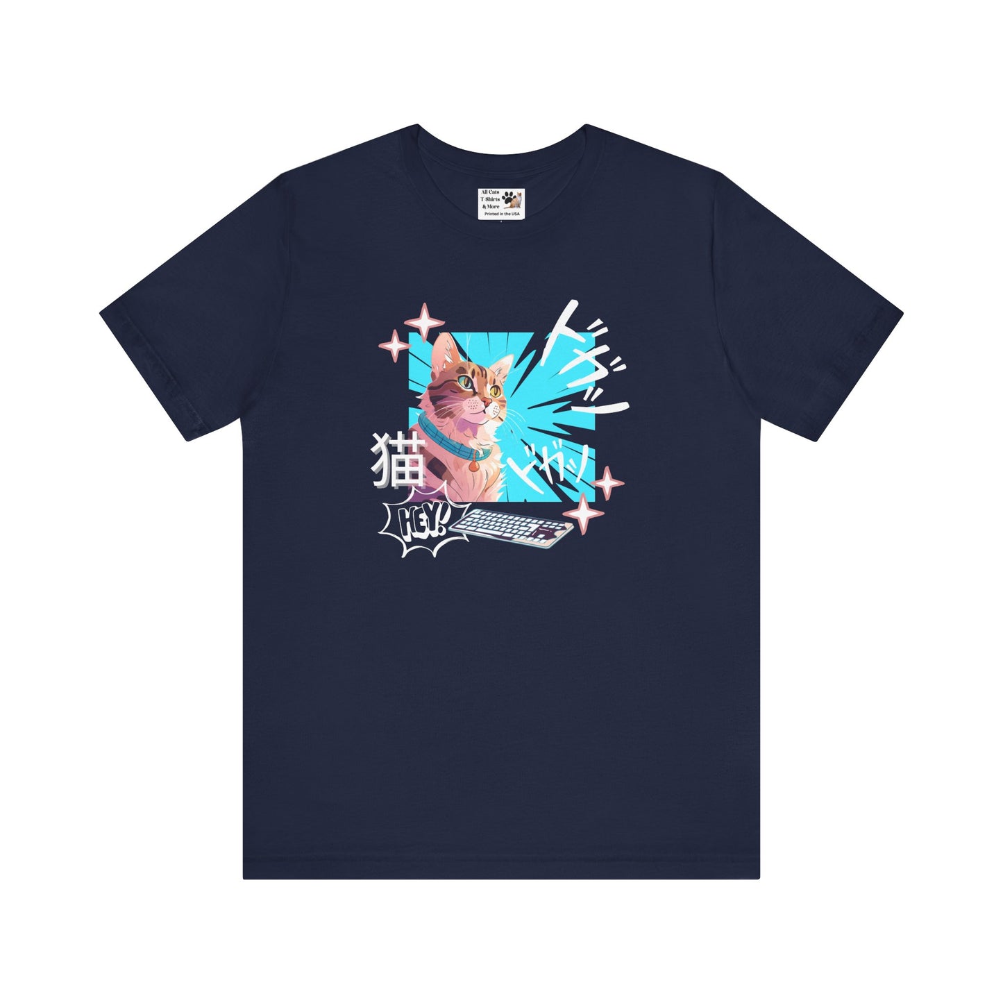Cat & Keyboard "Kaboom" - Japanese Anime Style Graphic Tee - (Unisex Jersey Short Sleeve Tee for Cat Lovers)