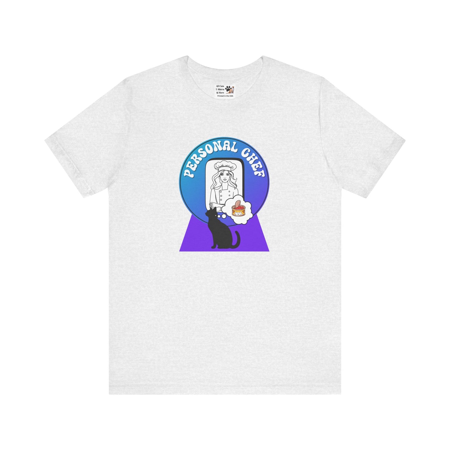 Personal Chef for Cats T-Shirt - (#11 - Black Cat Silhouette & Chef Blue Purple Design - Unisex Jersey Tee – Perfect for Cat Care Givers!)