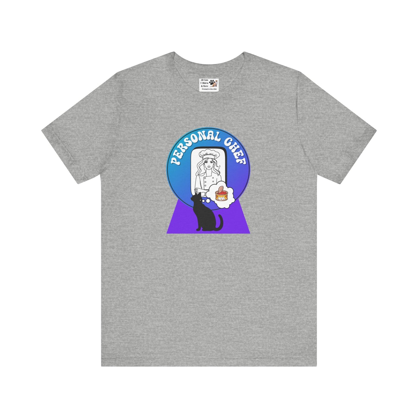 Personal Chef for Cats T-Shirt - (#11 - Black Cat Silhouette & Chef Blue Purple Design - Unisex Jersey Tee – Perfect for Cat Care Givers!)