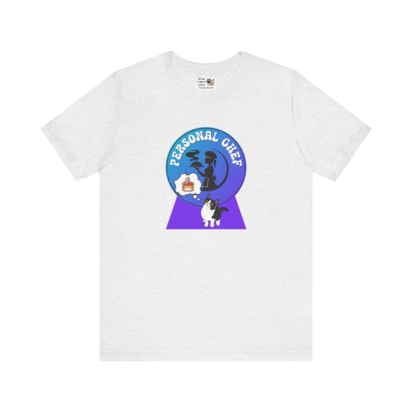 Personal Chef for Cats T-Shirt - (#9 - B/W Cat & Chef Silhouette Blue Purple Design - Unisex Jersey Tee ā Perfect for Cat Care Givers!)