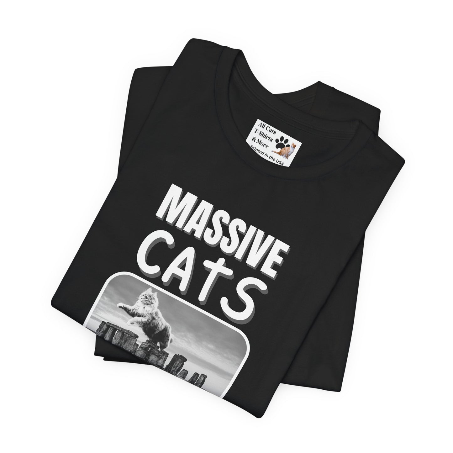 A Massive Cats T-Shirt - Huge Cat Jumping Over Stone Henge - (Funny Cat Unisex Jersey Tee - Perfect for Cat Fans!)