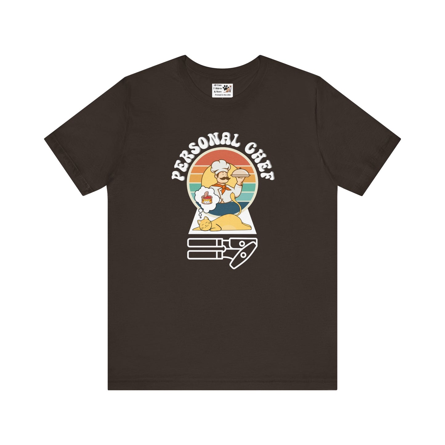 Vintage Style Personal Chef for Cats T-Shirt (#14 - Cat, Chef & Can Opener - Unisex Jersey Tee – Funny Cat Tee)