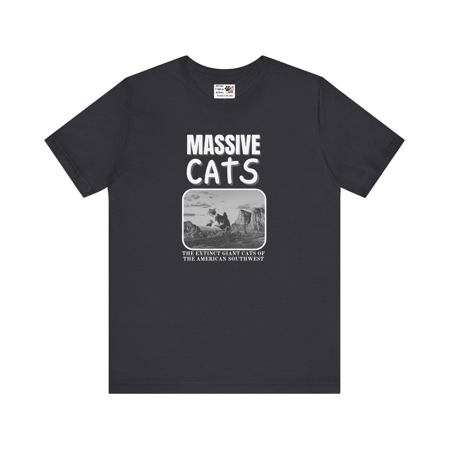 A Massive Cats T-Shirt - Huge Cat Jumping Over Hill - (Vintage Inspired, Funny Cat Unisex Jersey Tee - Perfect for Cat Fans!)