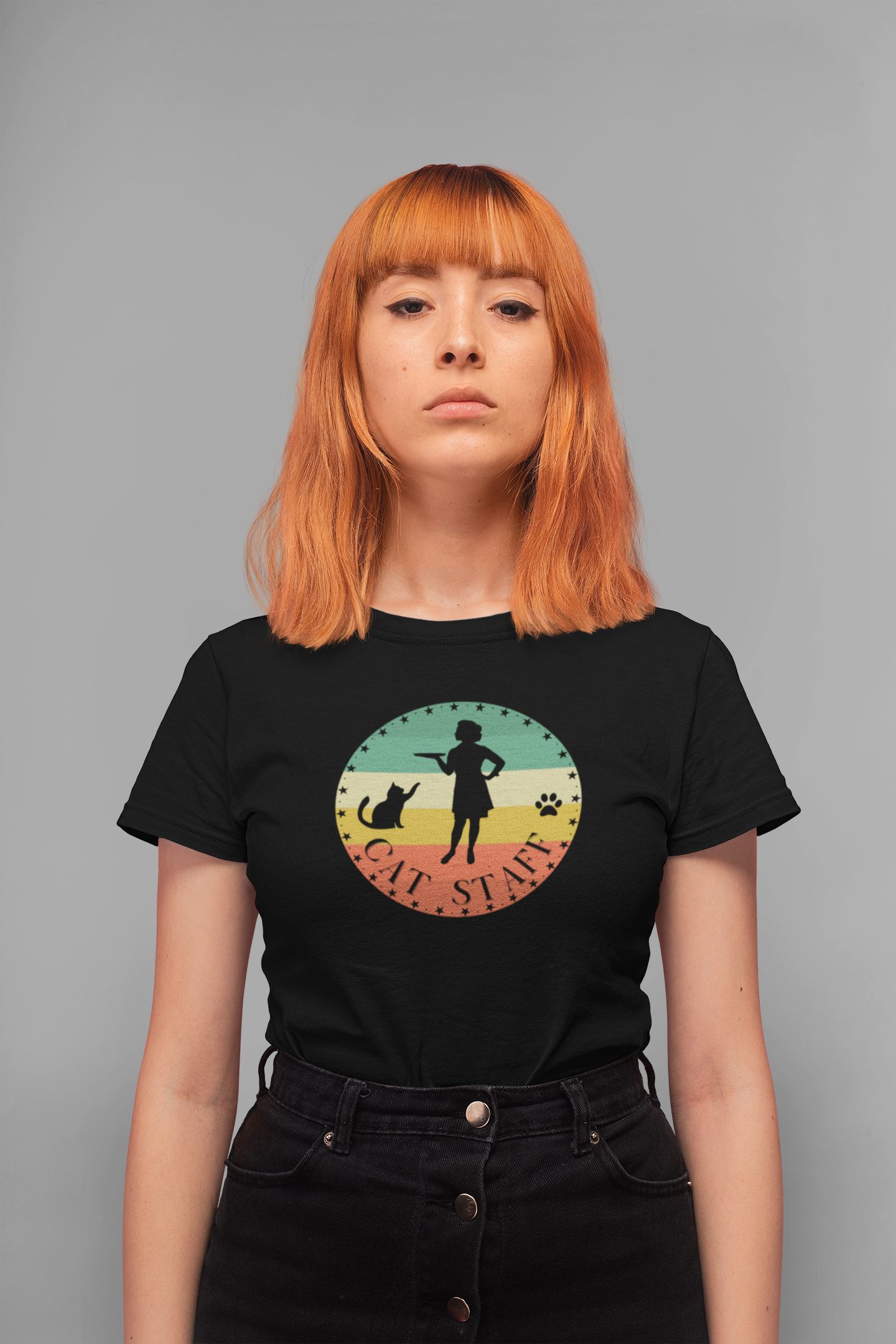 Cat Staff T-Shirt - (Vintage Sunset Style Design - Unisex Jersey Tee - Perfect Gift for Cat Lovers)