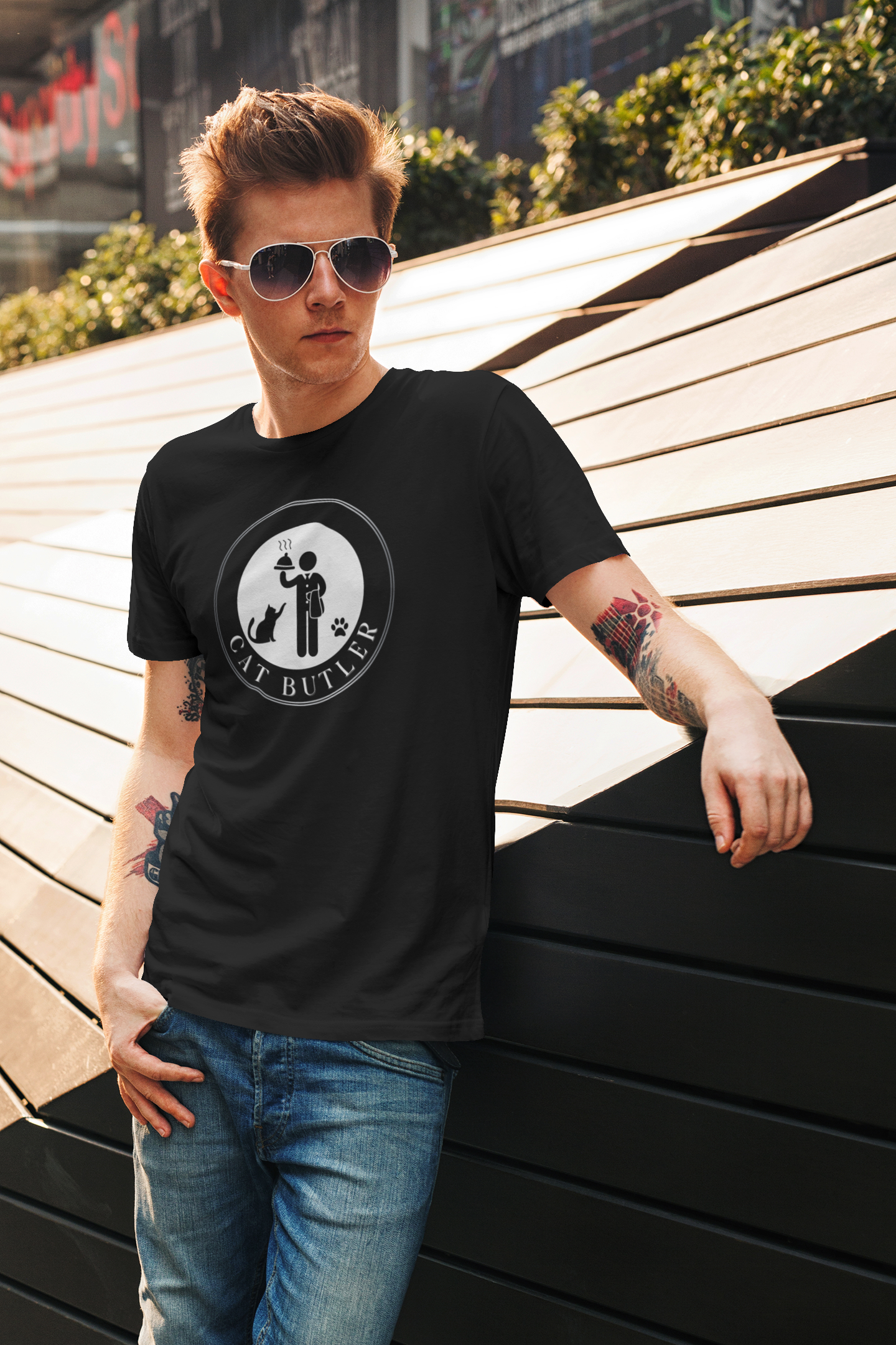 "Cat Butler" T-Shirt - With Black & White Graphic - (Unisex Jersey Short Sleeve Tee - Perfect Gift for Cat Lovers!)