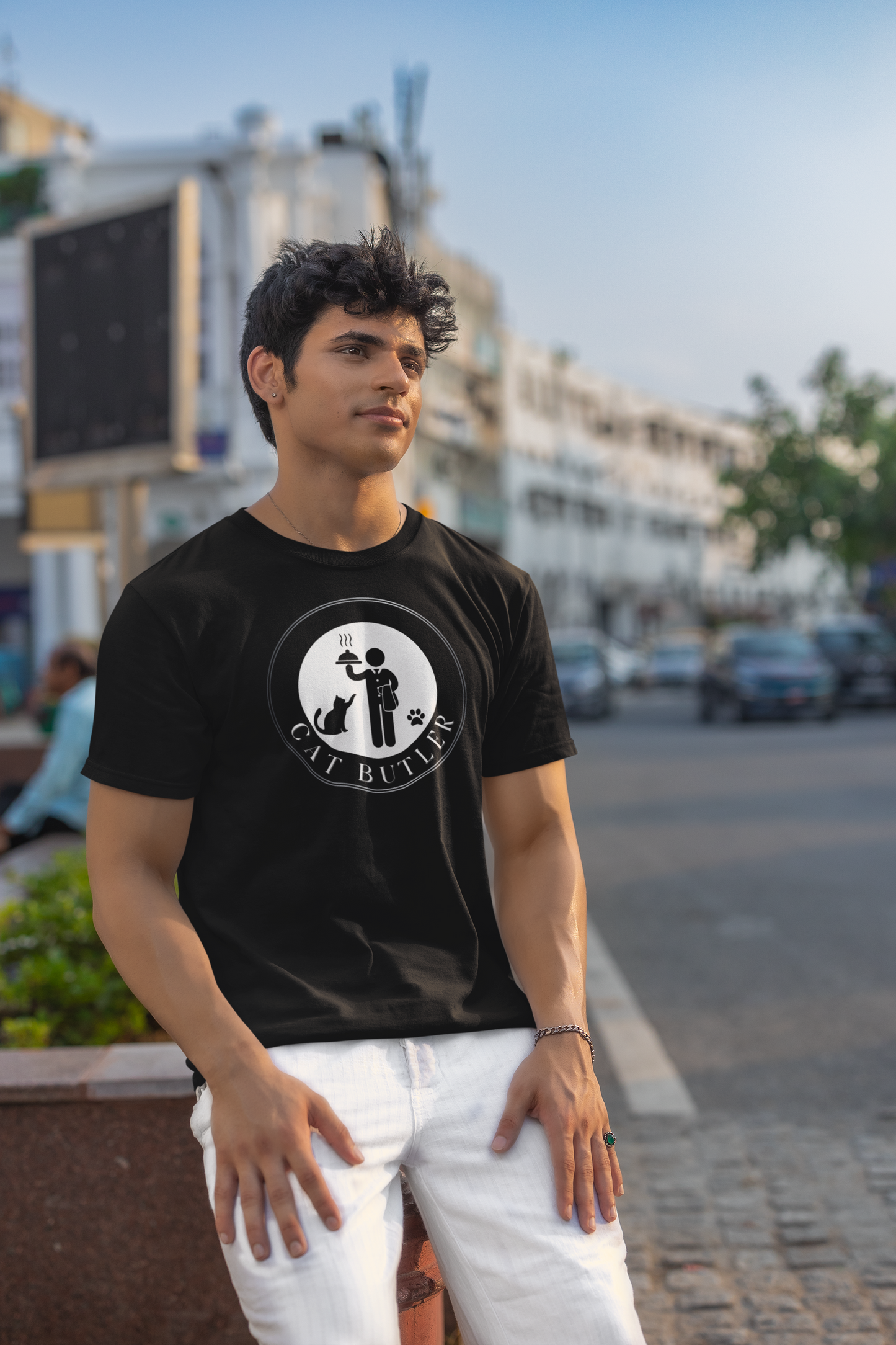 "Cat Butler" T-Shirt - With Black & White Graphic - (Unisex Jersey Short Sleeve Tee - Perfect Gift for Cat Lovers!)