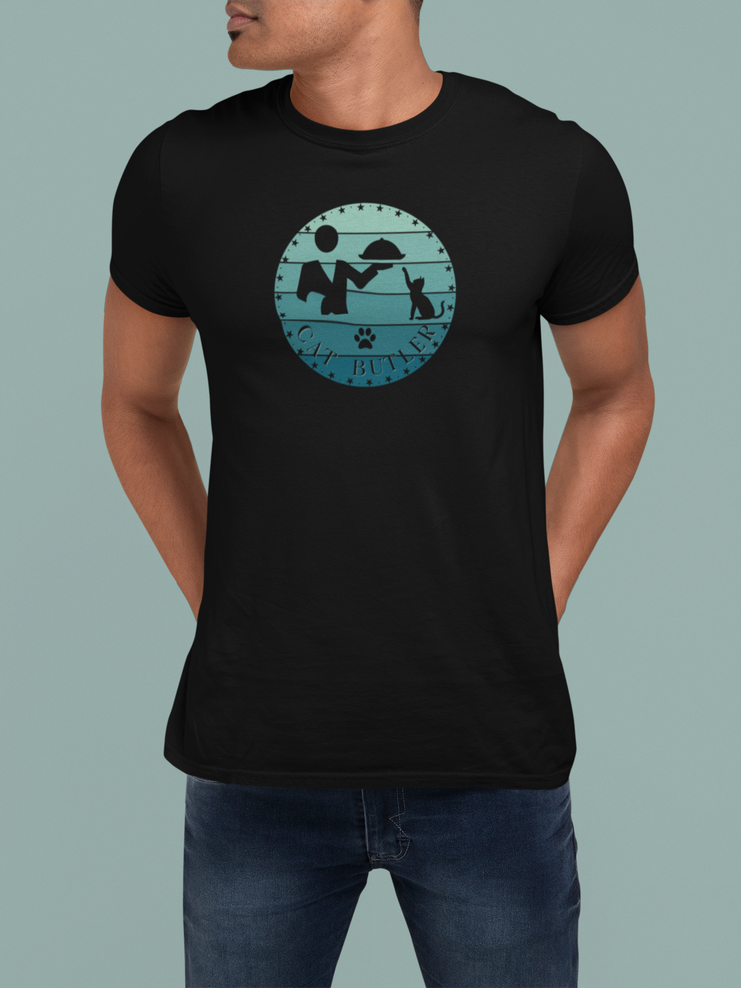 "Cat Butler" T-Shirt - Blue Vintage Sunset Style Graphic - (Unisex Jersey Short Sleeve Tee - Perfect Gift for Cat Lovers!)