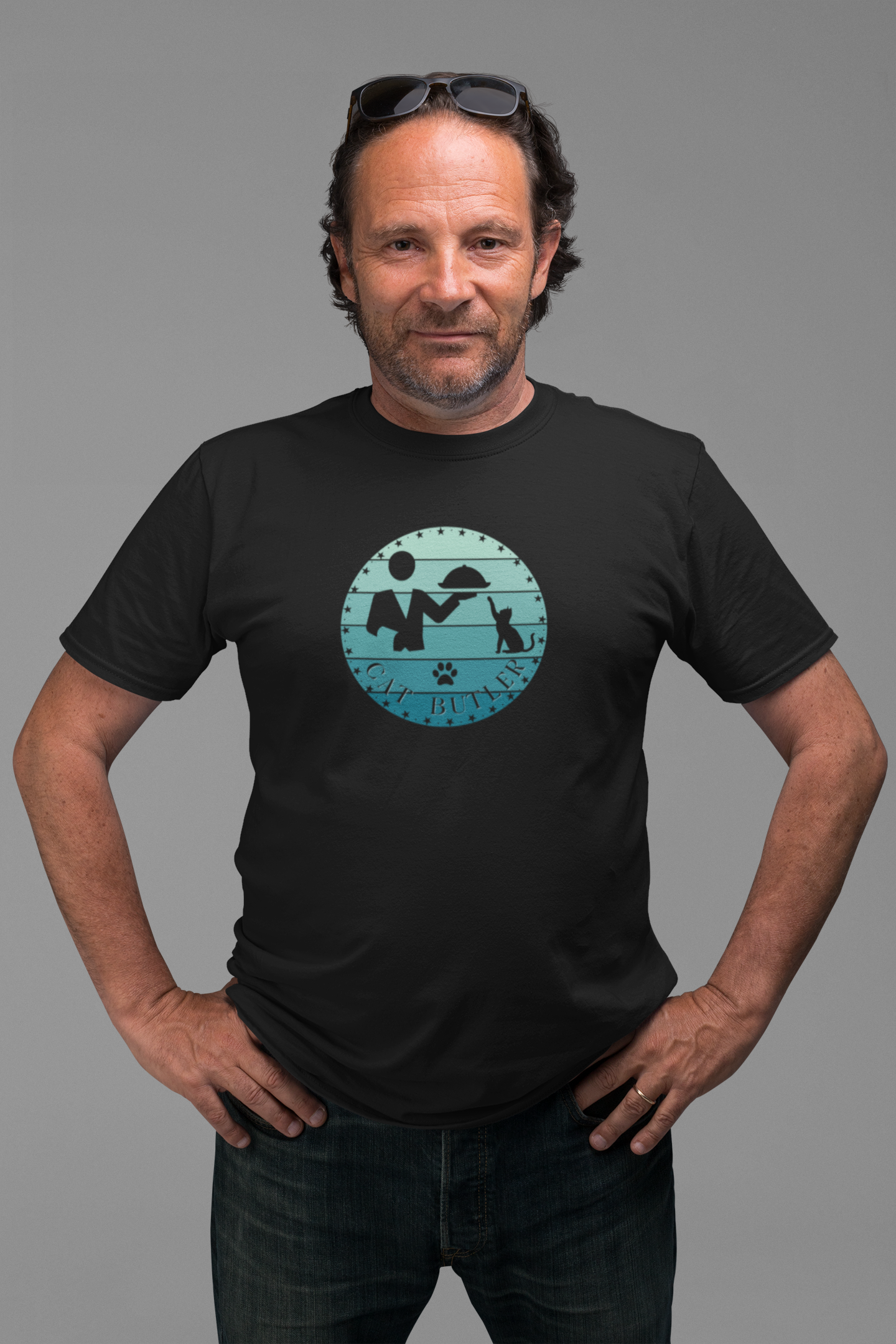 "Cat Butler" T-Shirt - Blue Vintage Sunset Style Graphic - (Unisex Jersey Short Sleeve Tee - Perfect Gift for Cat Lovers!)