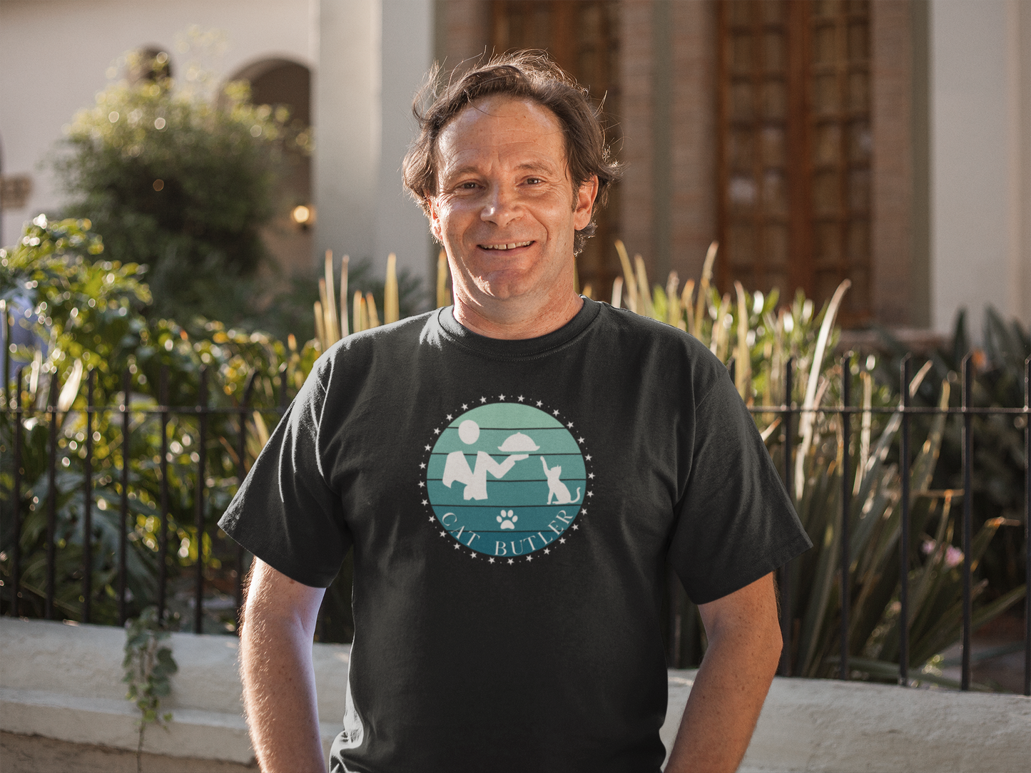 "Cat Butler" T-Shirt - Blue Vintage Sunset Style Graphic - (Unisex Jersey Short Sleeve Tee - Perfect Gift for Cat Lovers!)