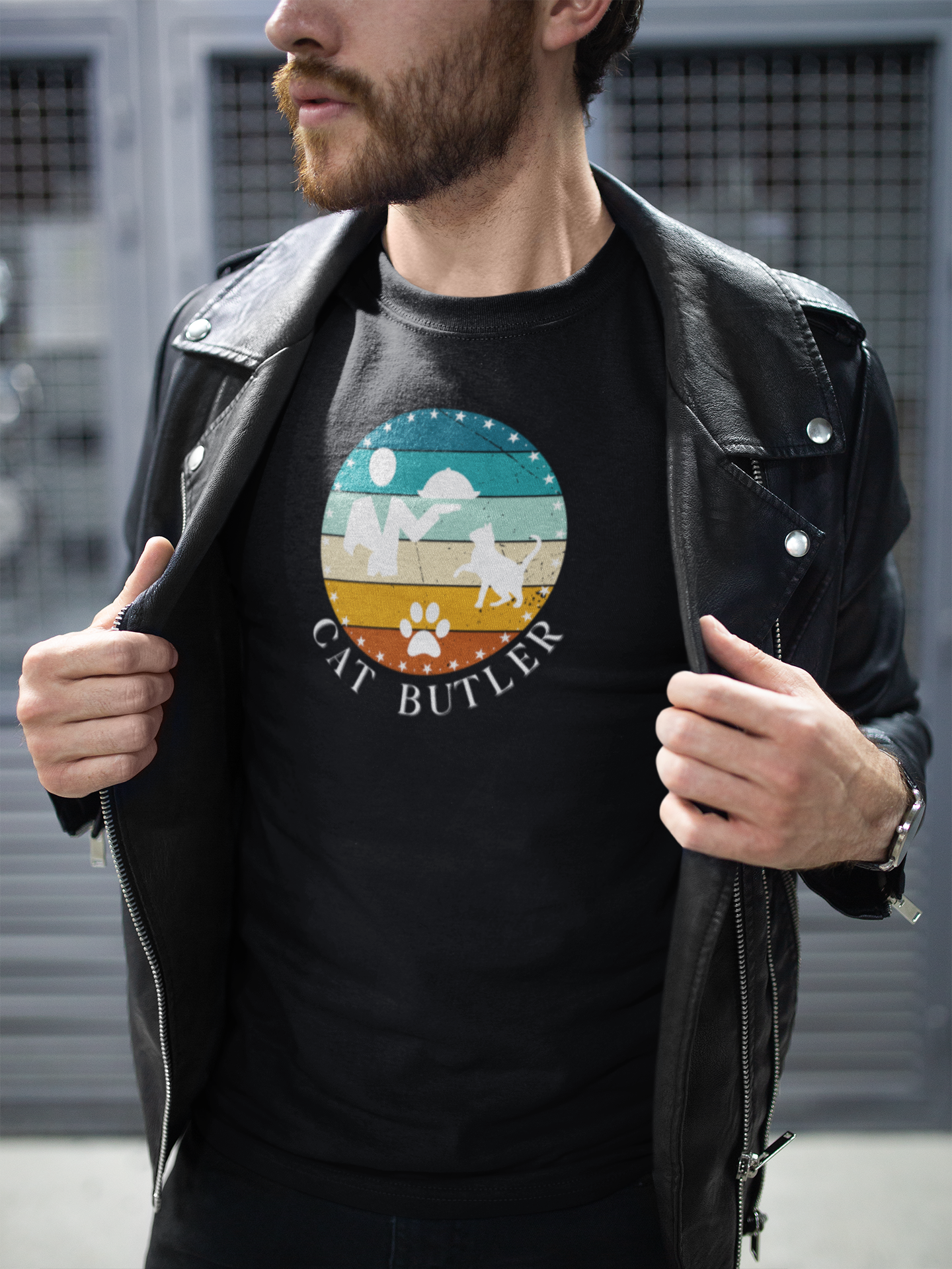 "Cat Butler" T-Shirt - Vintage Sunset Style Graphic - (Unisex Jersey Short Sleeve Tee - Perfect Gift for Cat Lovers!)