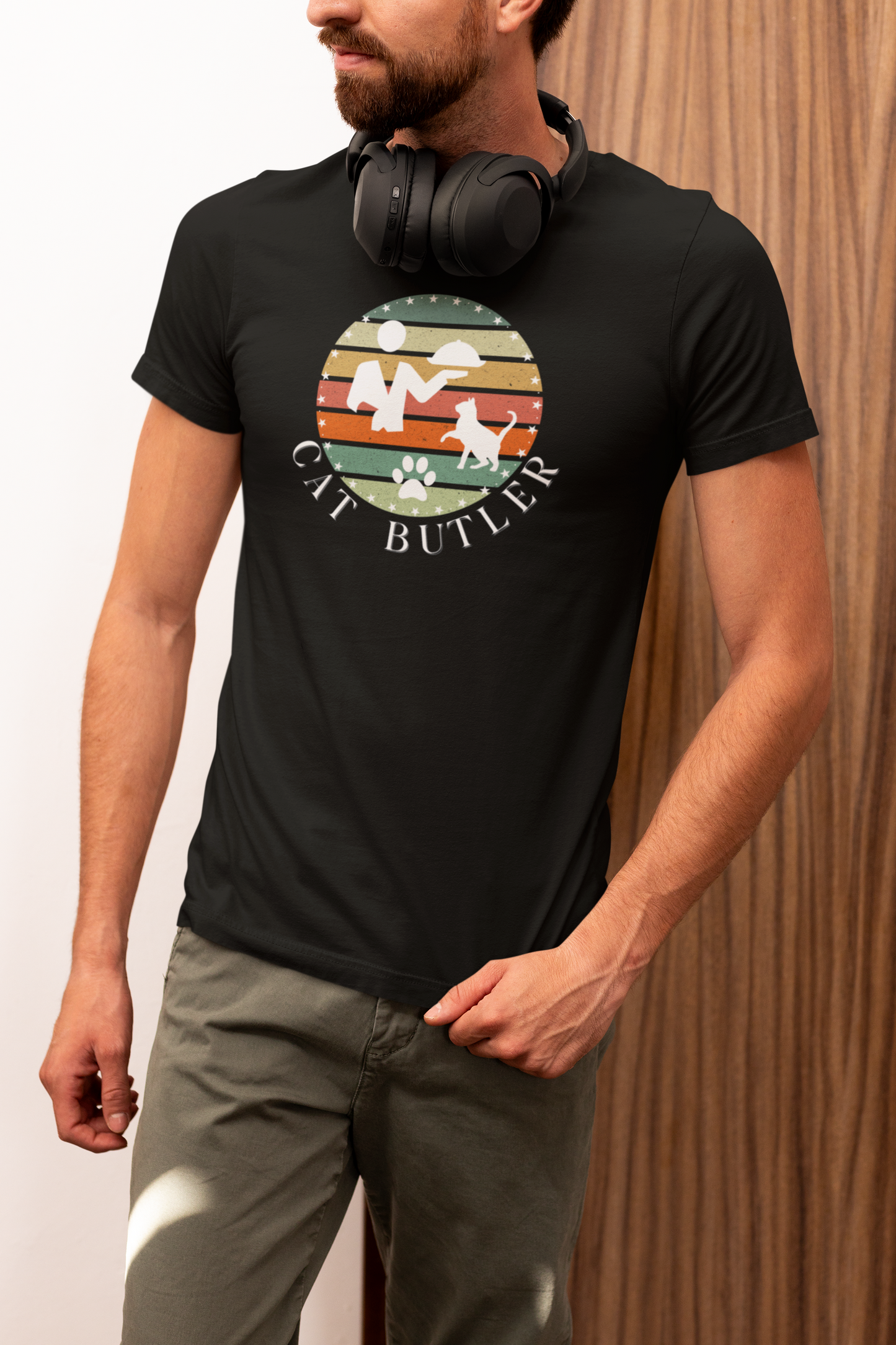"Cat Butler" T-Shirt - With Vintage Sunset Style Graphic - (Unisex Jersey Short Sleeve Tee - Perfect Gift for Cat Lovers!)