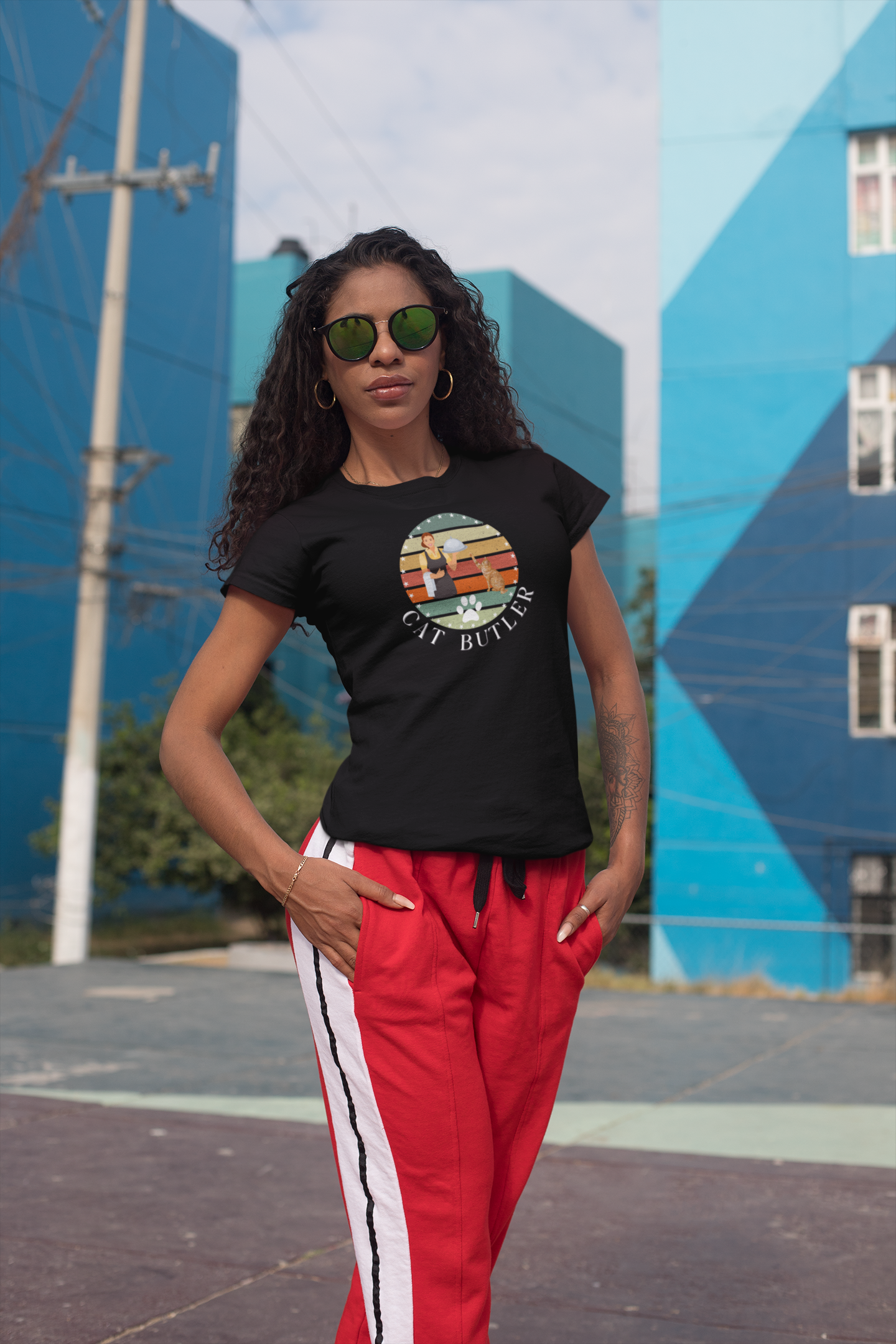 "Cat Butler" T-Shirt - Vintage Sunset Style Graphic - (Unisex Jersey Short Sleeve Tee - Perfect Gift for Cat Lovers!)