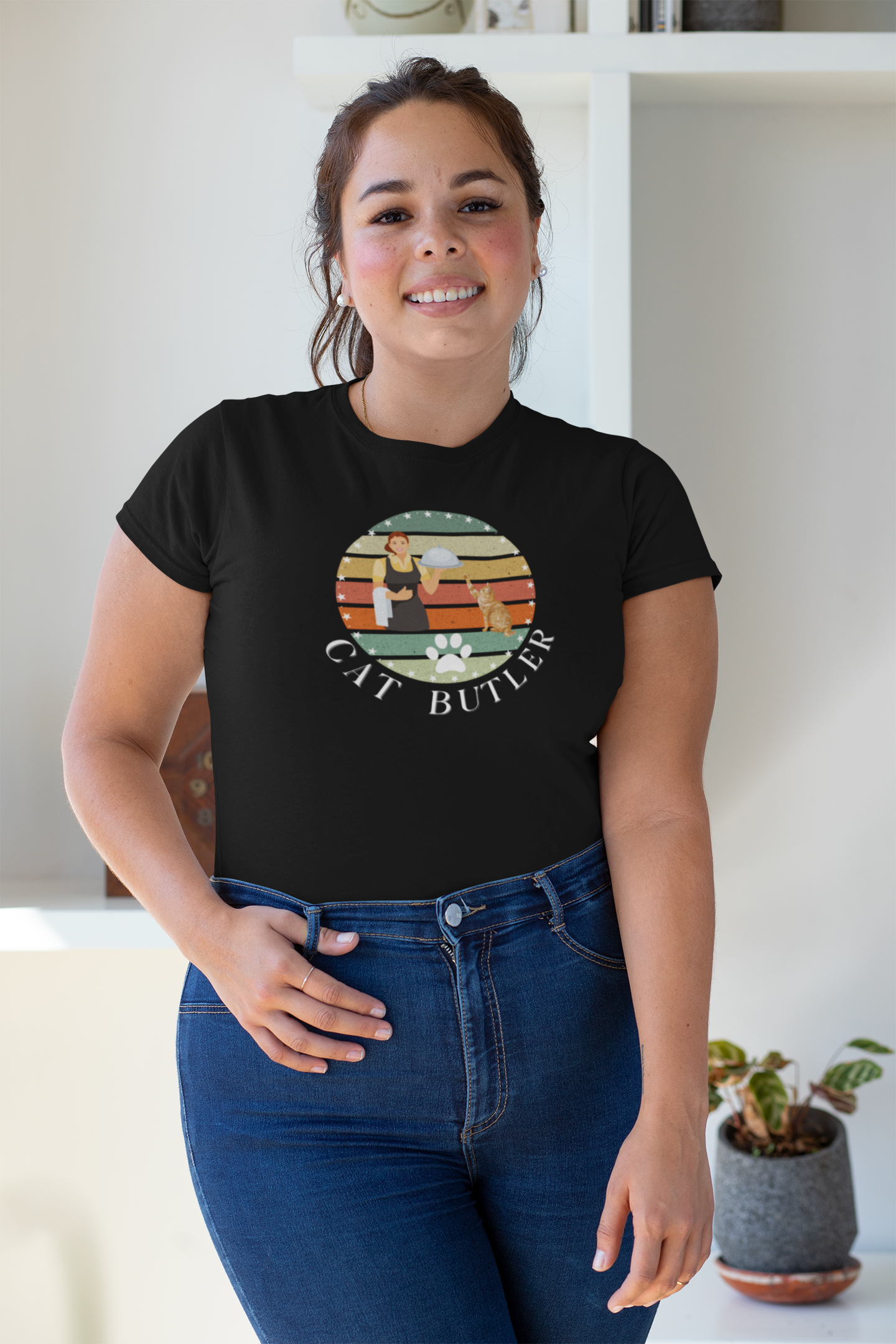 "Cat Butler" T-Shirt - Vintage Sunset Style Graphic - (Unisex Jersey Short Sleeve Tee - Perfect Gift for Cat Lovers!)