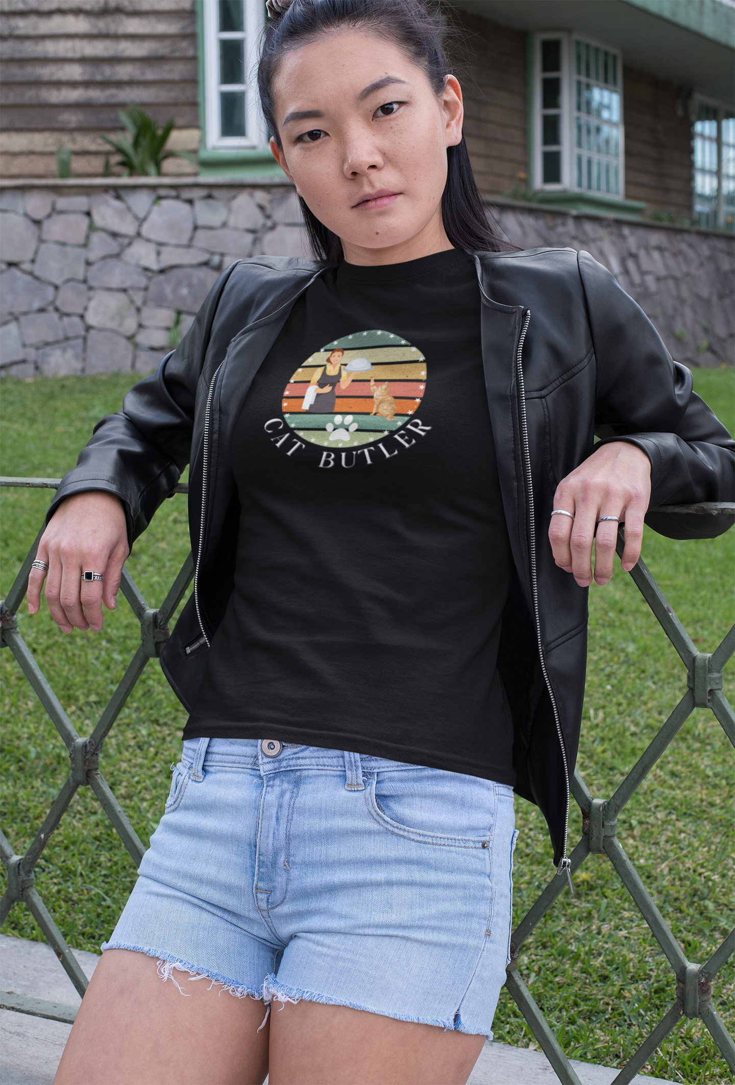 "Cat Butler" T-Shirt - Vintage Sunset Style Graphic - (Unisex Jersey Short Sleeve Tee - Perfect Gift for Cat Lovers!)