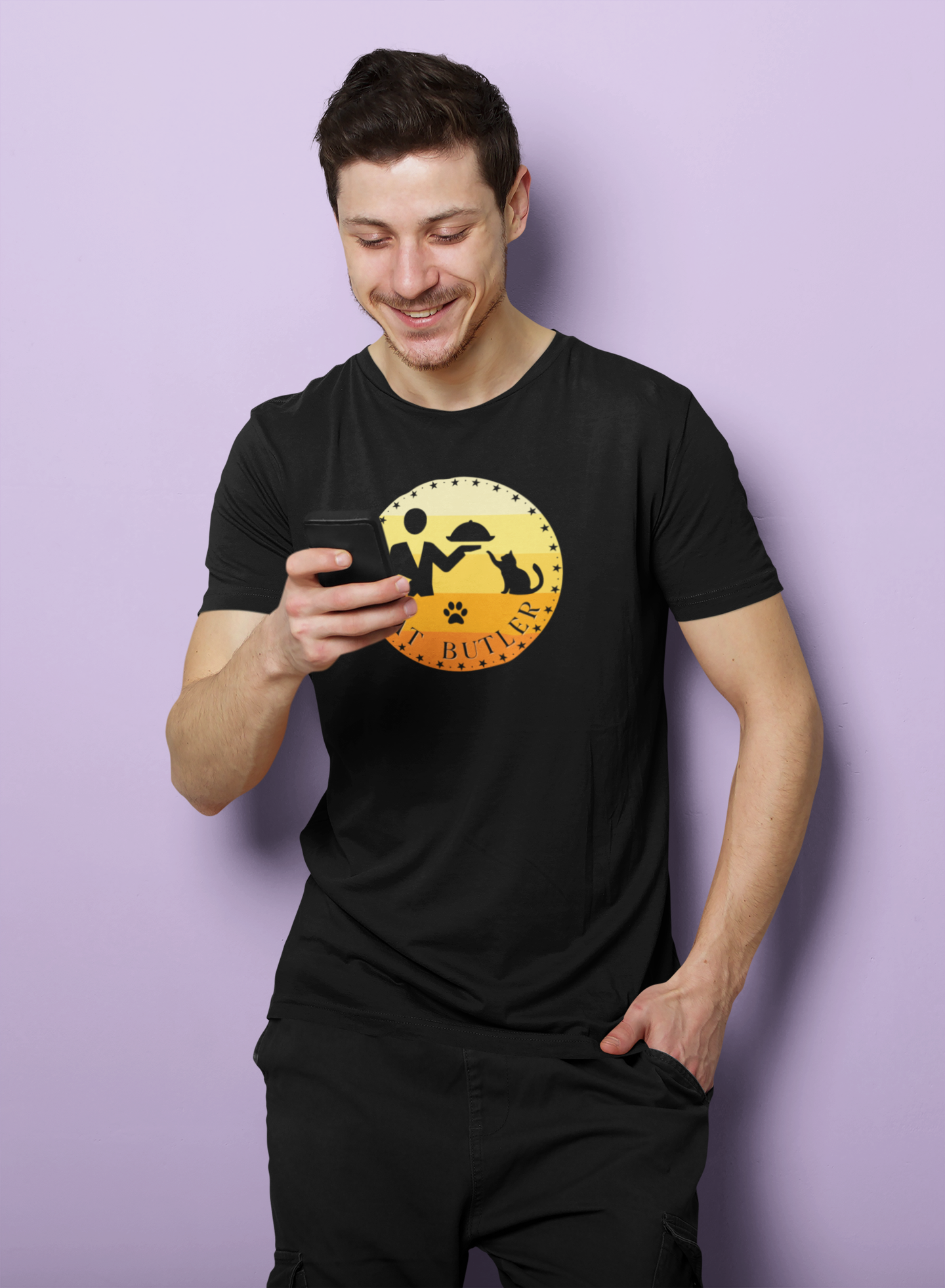 "Cat Butler" T-Shirt - With Vintage Sunset Graphic - (Unisex Jersey Short Sleeve Tee - Perfect Gift for Cat Lovers!)