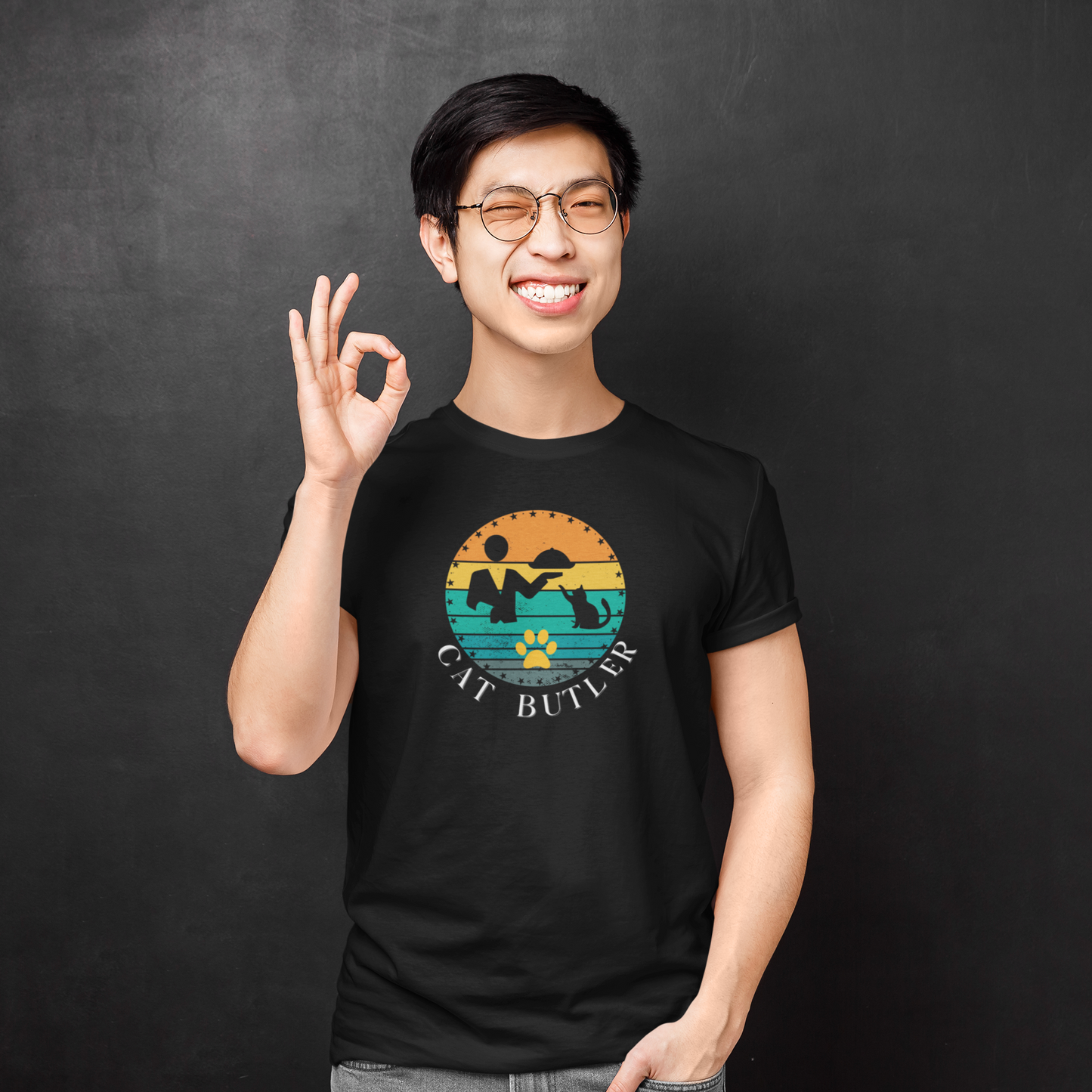 "Cat Butler" T-Shirt - With Vintage Sunset Style Graphic - (Unisex Jersey Short Sleeve Tee - Perfect Gift for Cat Lovers!)
