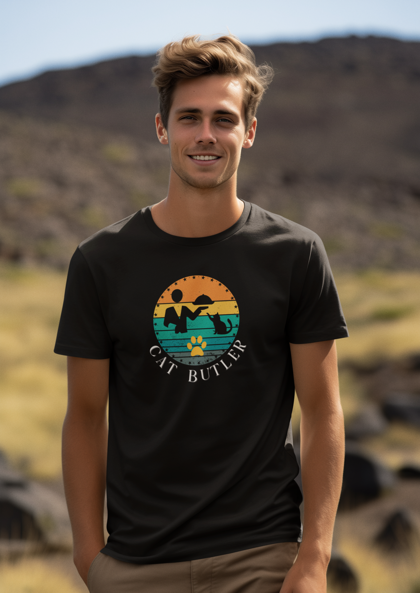 "Cat Butler" T-Shirt - With Vintage Sunset Style Graphic - (Unisex Jersey Short Sleeve Tee - Perfect Gift for Cat Lovers!)