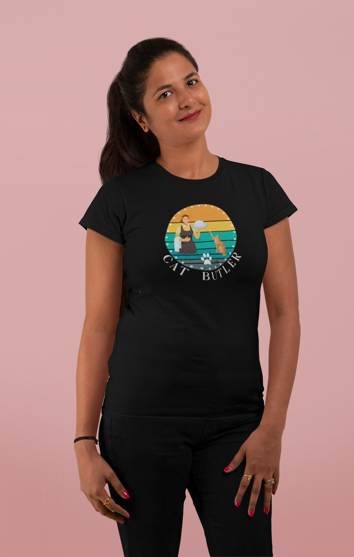 "Cat Butler" T-Shirt - With Vintage Sunset Graphic - (Unisex Jersey Short Sleeve Tee - Perfect Gift for Cat Lovers!)