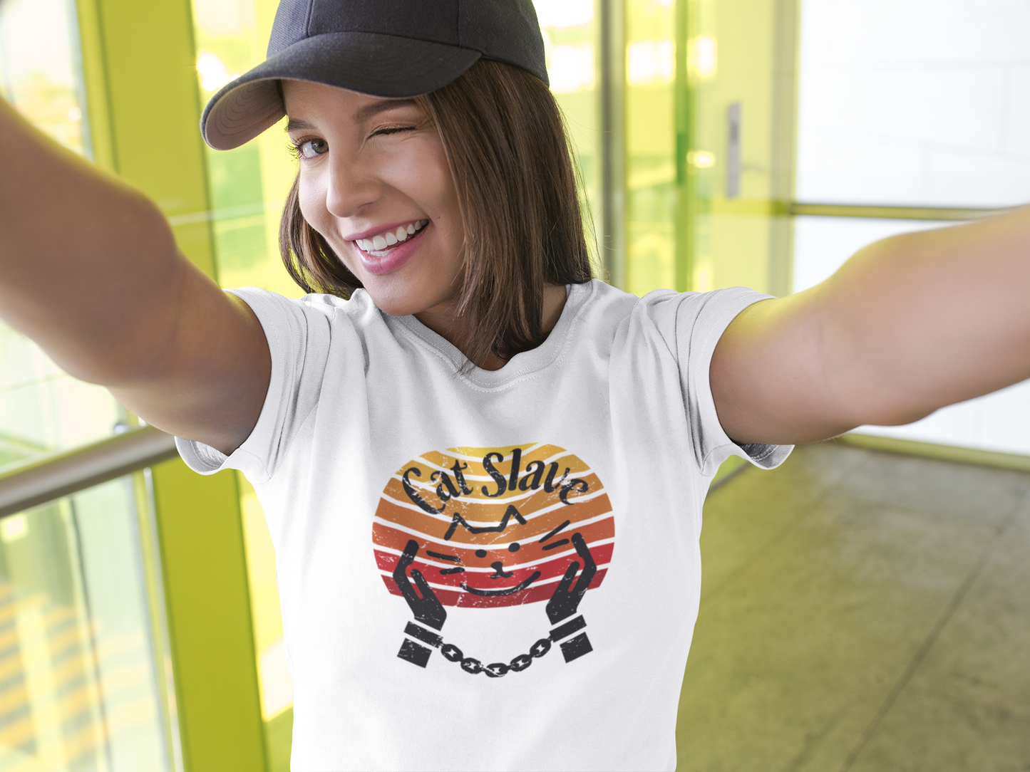 Funny Cat Slave Vintage Sunset T-Shirt, Unisex Jersey Tee - Casual & Trendy "Distressed Grunge Style" Design