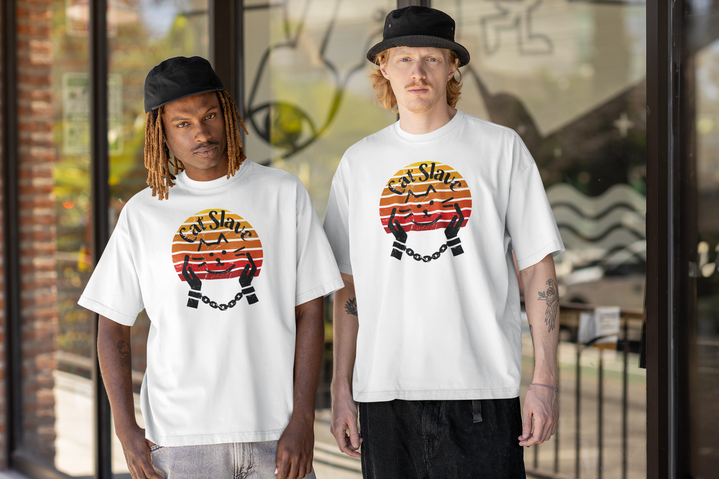 Funny Cat Slave Vintage Sunset T-Shirt, Unisex Jersey Tee - Casual & Trendy "Distressed Grunge Style" Design
