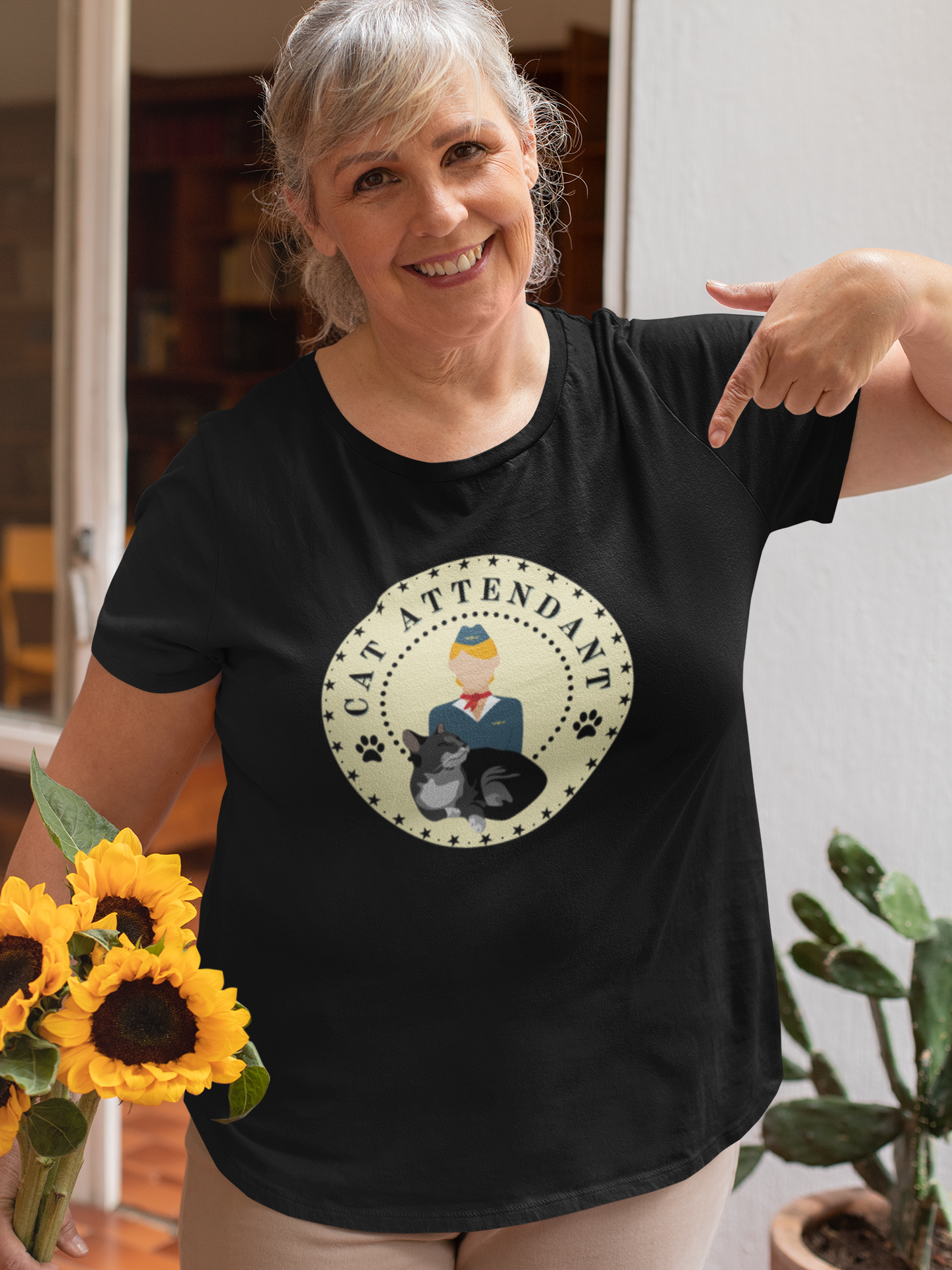 "Cat Attendant" Grey Cat T-Shirt - (Unisex Jersey Short Sleeve Tee - Perfect Gift for Cat Lovers!)