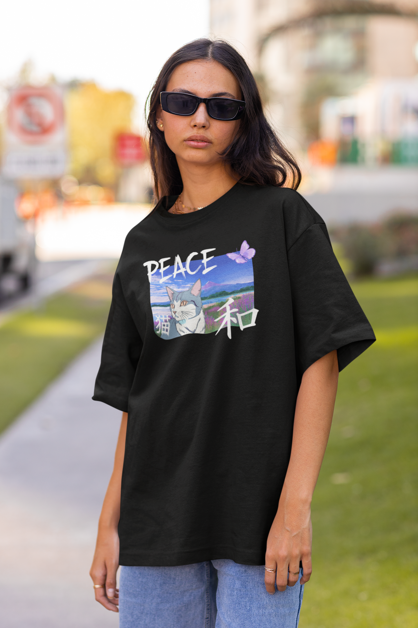 "Peace Cat" - A Japanese Anime Style Graphic Tee - (Unisex Jersey Short Sleeve T-Shirt)
