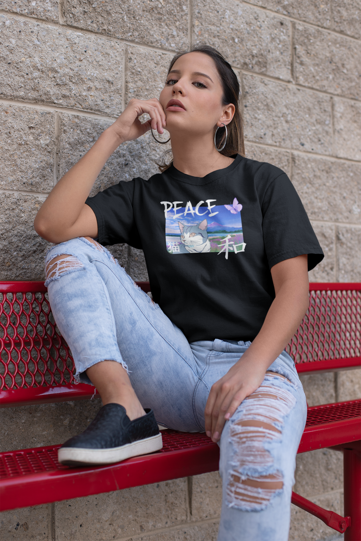 "Peace Cat" - A Japanese Anime Style Graphic Tee - (Unisex Jersey Short Sleeve T-Shirt)