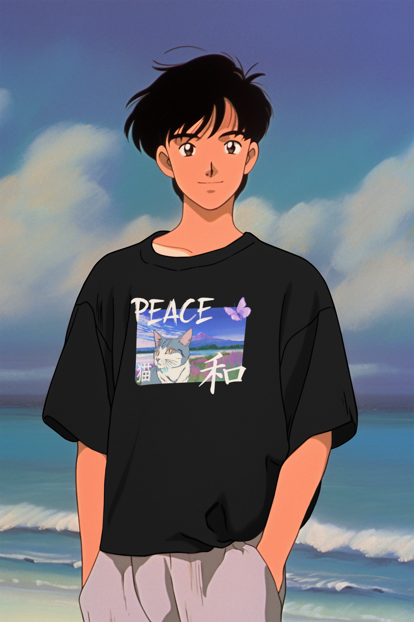"Peace Cat" - A Japanese Anime Style Graphic Tee - (Unisex Jersey Short Sleeve T-Shirt)