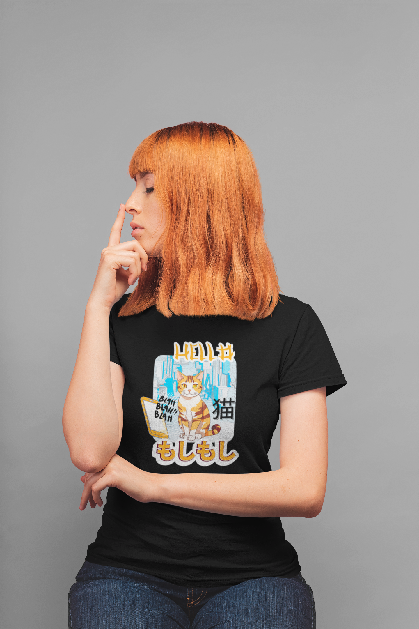 "Hello Mobile Phone Cat" - An Anime Style Graphic Tee - (Unisex Jersey Short Sleeve Tee for Cat Lovers)