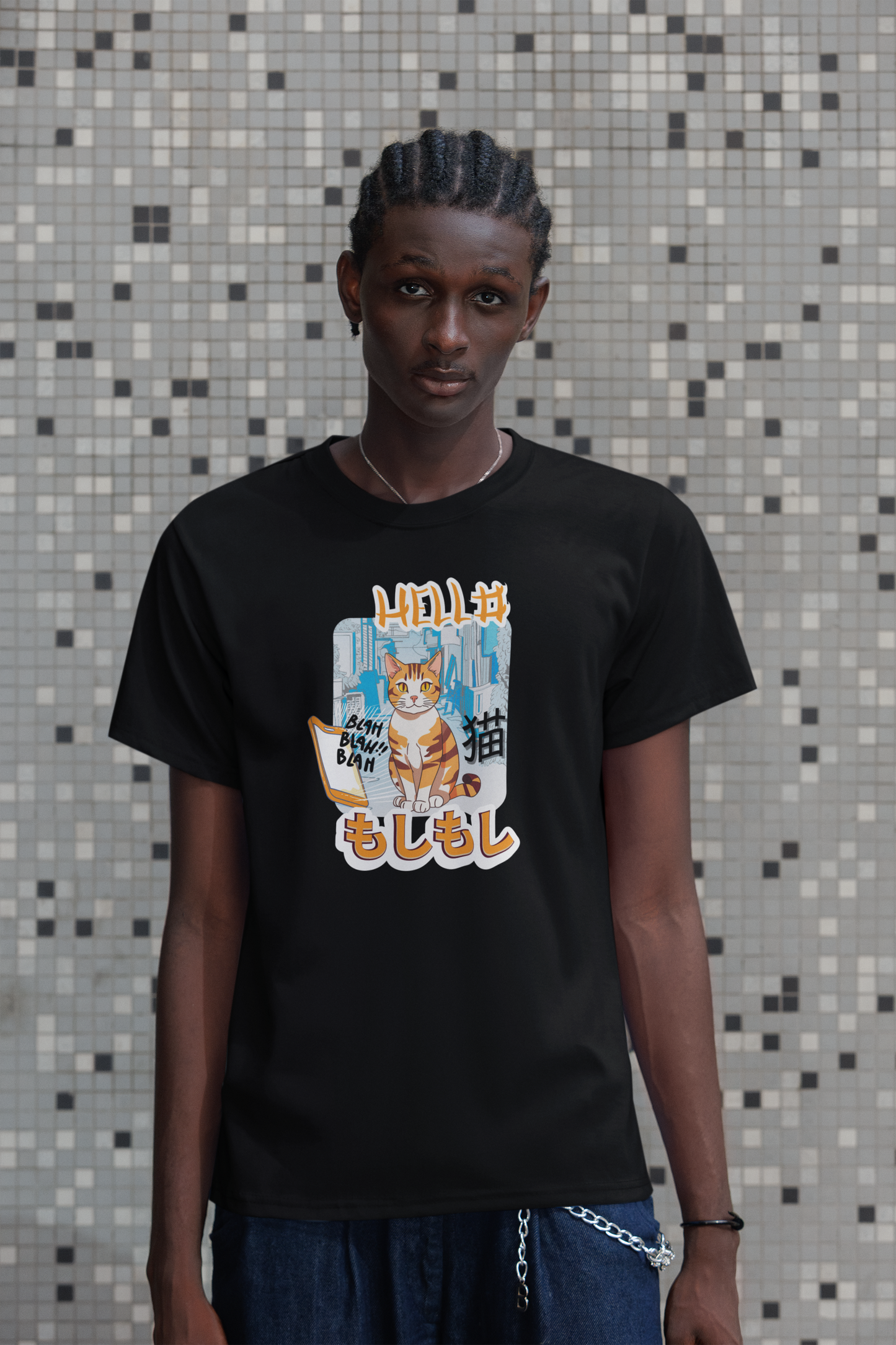 "Hello Mobile Phone Cat" - An Anime Style Graphic Tee - (Unisex Jersey Short Sleeve Tee for Cat Lovers)