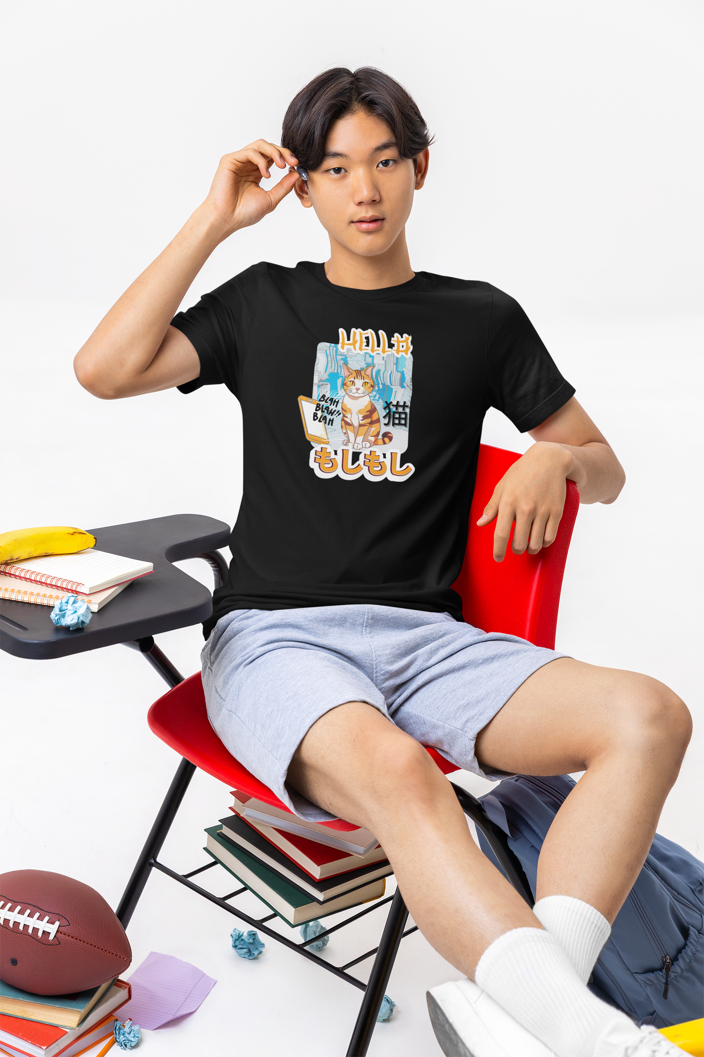 "Hello Mobile Phone Cat" - An Anime Style Graphic Tee - (Unisex Jersey Short Sleeve Tee for Cat Lovers)