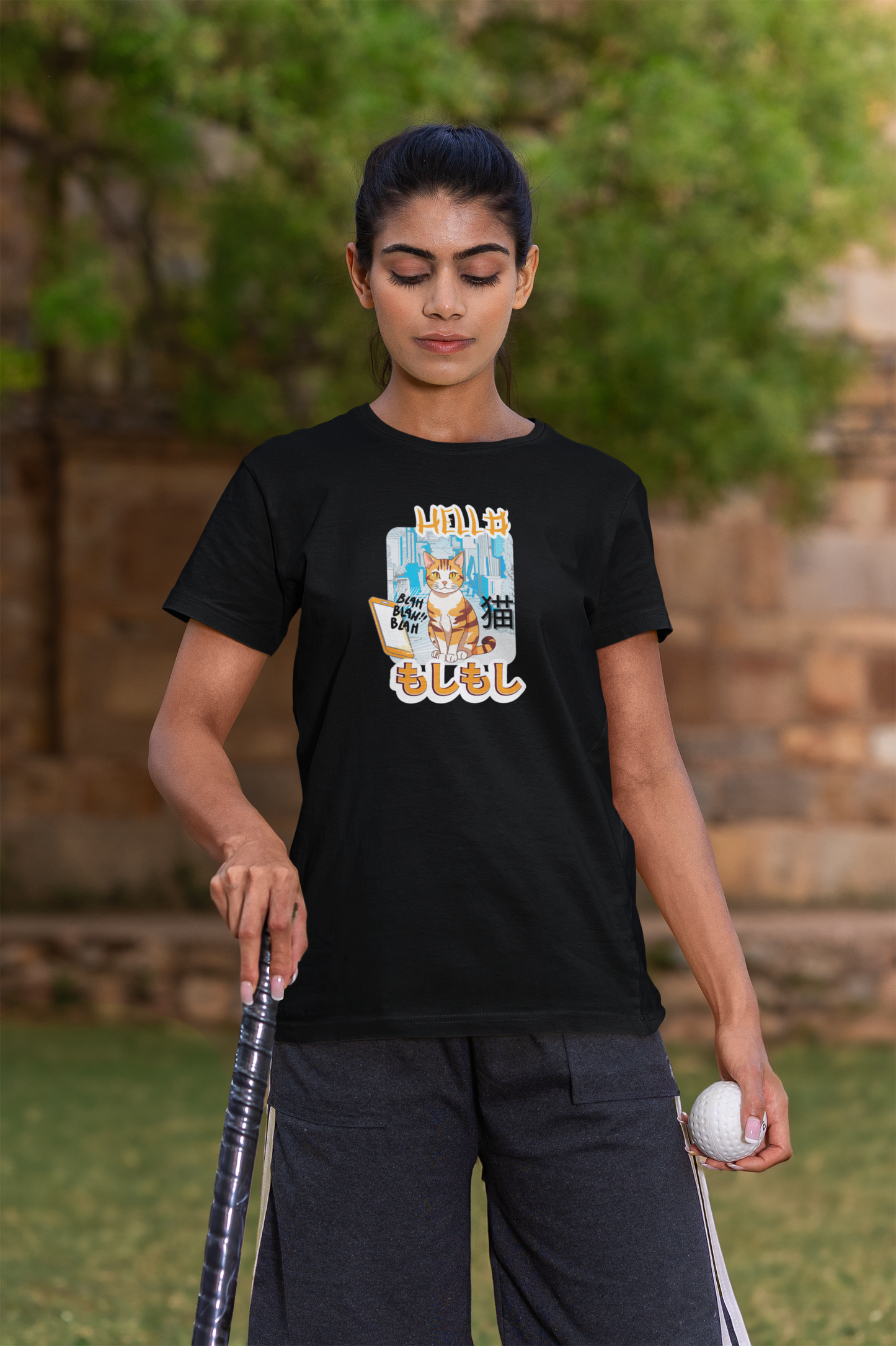 "Hello Mobile Phone Cat" - An Anime Style Graphic Tee - (Unisex Jersey Short Sleeve Tee for Cat Lovers)